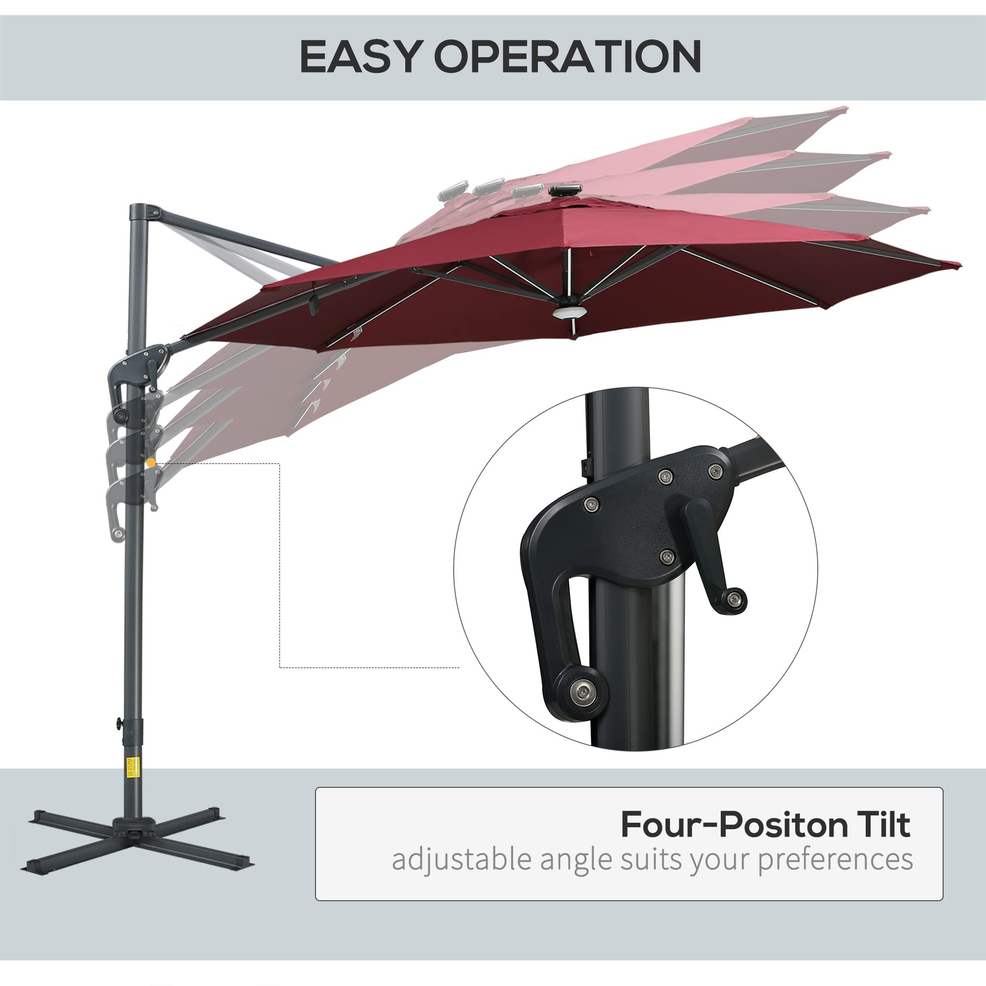 Outsunny 10ft Solar LED Cantilever Patio Umbrella - Aluminum Hanging Offset Outdoor Sun Shade with 360° Rotation, Built-in Lights, Adjustable Tilt & Crank, Heavy-Duty Cross Base - Perfect for Poolside, Backyard, Deck, and Garden Relaxation