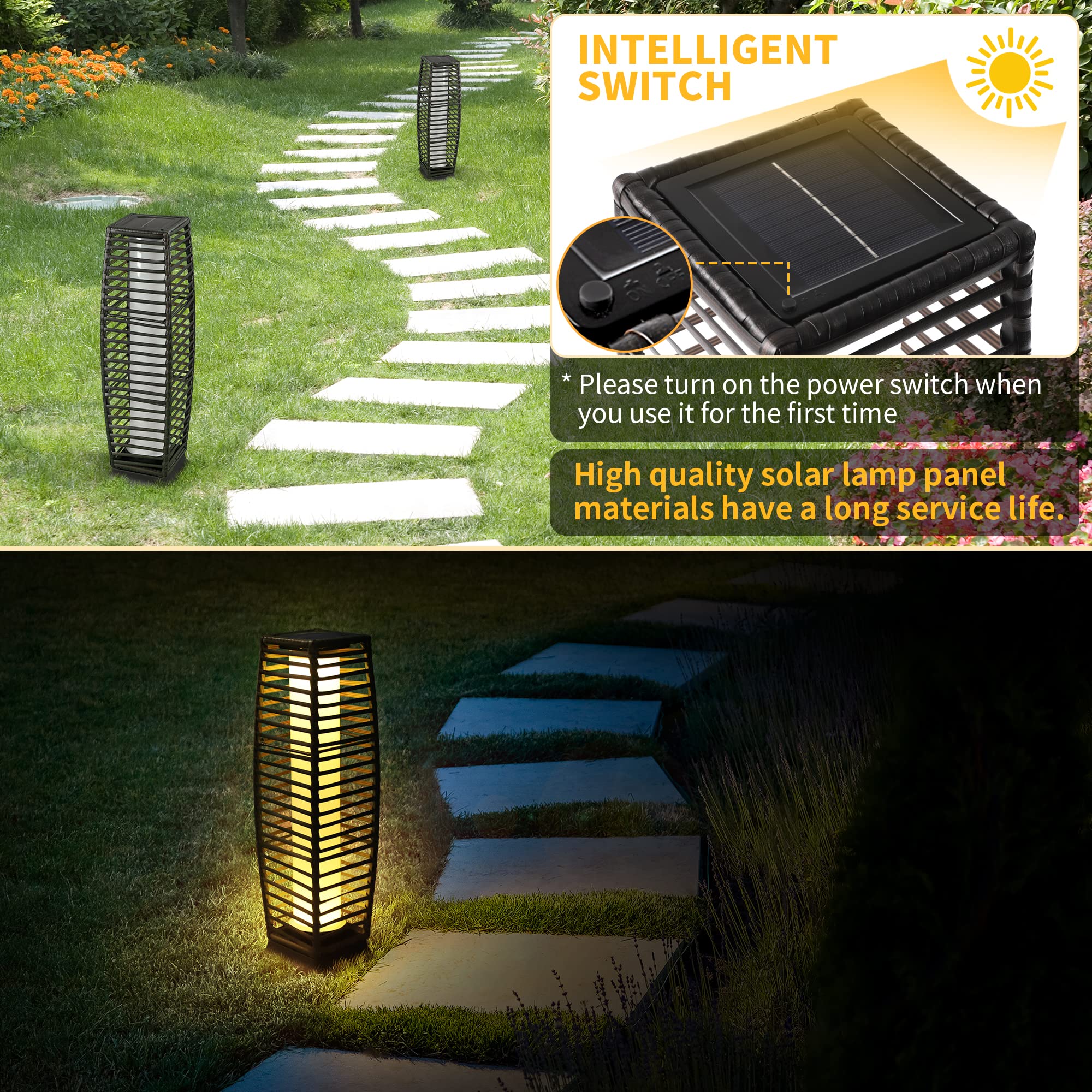 Solar Powered Outdoor Floor Lamps - 2 Pack Waterproof Solar Lanterns with Resin Wicker Design, Weather-Resistant Rattan Deck Lights for Patio, Lawn, Porch, Garden - Perfect for Evening Gatherings & Landscape Lighting