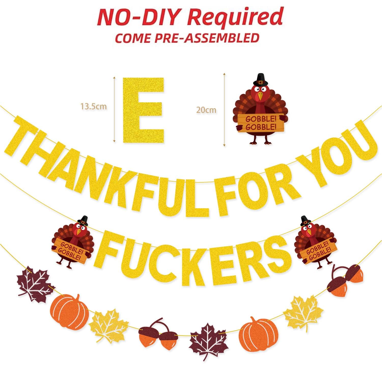 Gold Glitter Thanksgiving Banner - Pre-assembled Thankful for You Sign for Friendsgiving & Home Decor | Perfect for Mantel, Party Wall Decorations & Indoor Thanksgiving Celebrations
