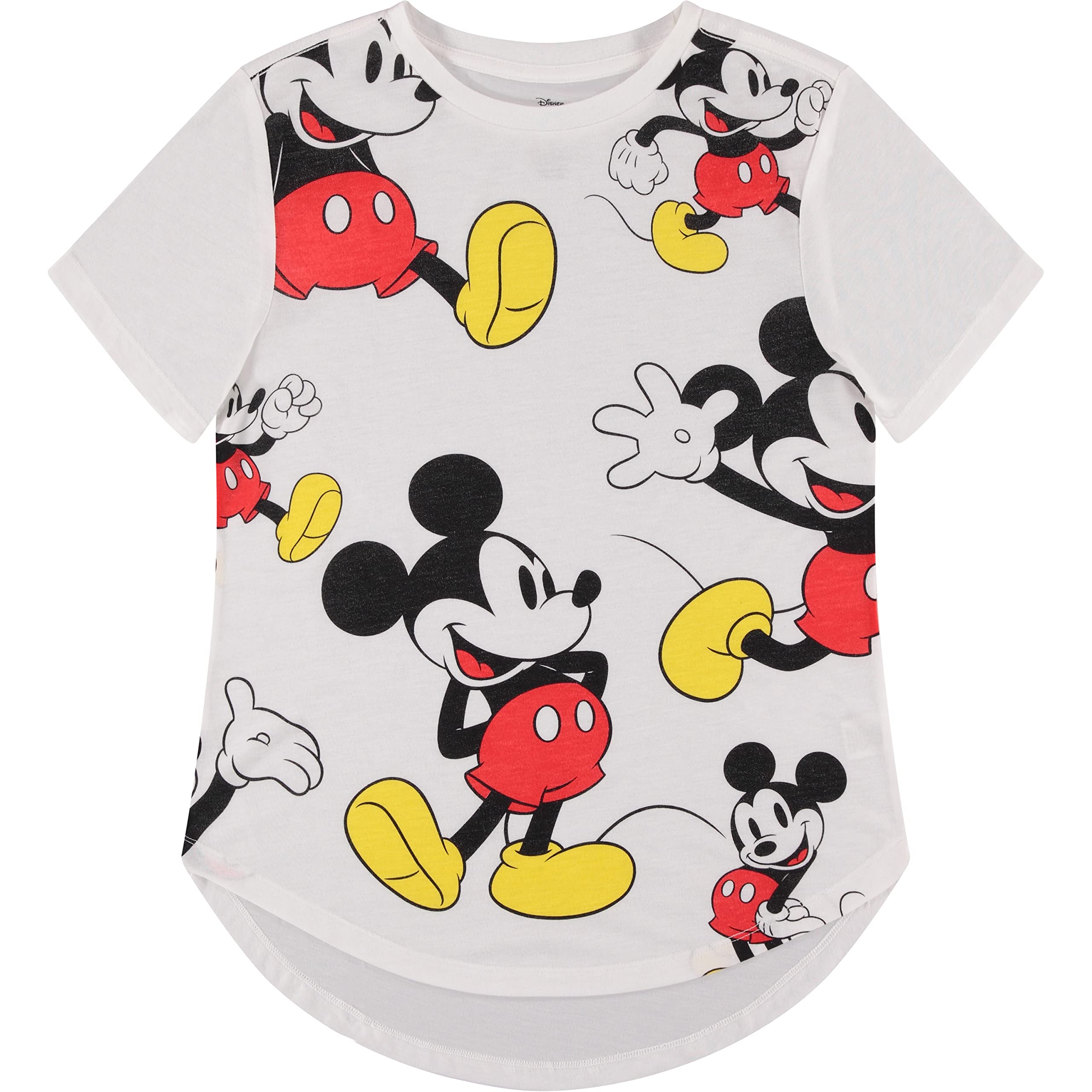 Disney Women's Mickey Mouse Fashion T-Shirt - Cute Mickey & Minnie Mouse Graphic Top with Curved Hem Hi-Lo Short Sleeve | Casual Wear, Theme Parks, Disney Fan Outfits, Gift for Disney Lovers