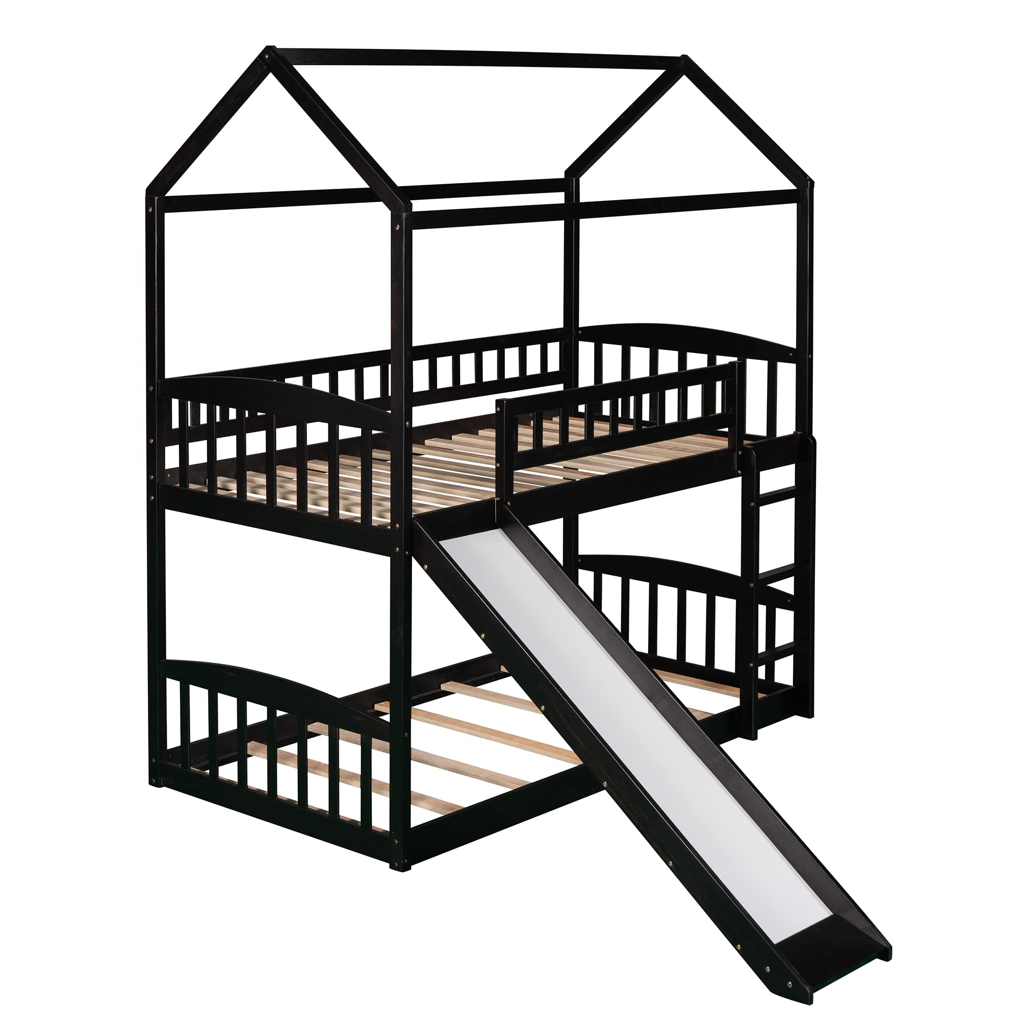 Twin Over Twin Bunk Bed with Slide and Roof - Solid Wood House Bed Frame for Kids, Teens & Adults - No Box Spring Needed - Espresso Finish - Perfect for Small Bedrooms, Guest Rooms & Vacation Homes