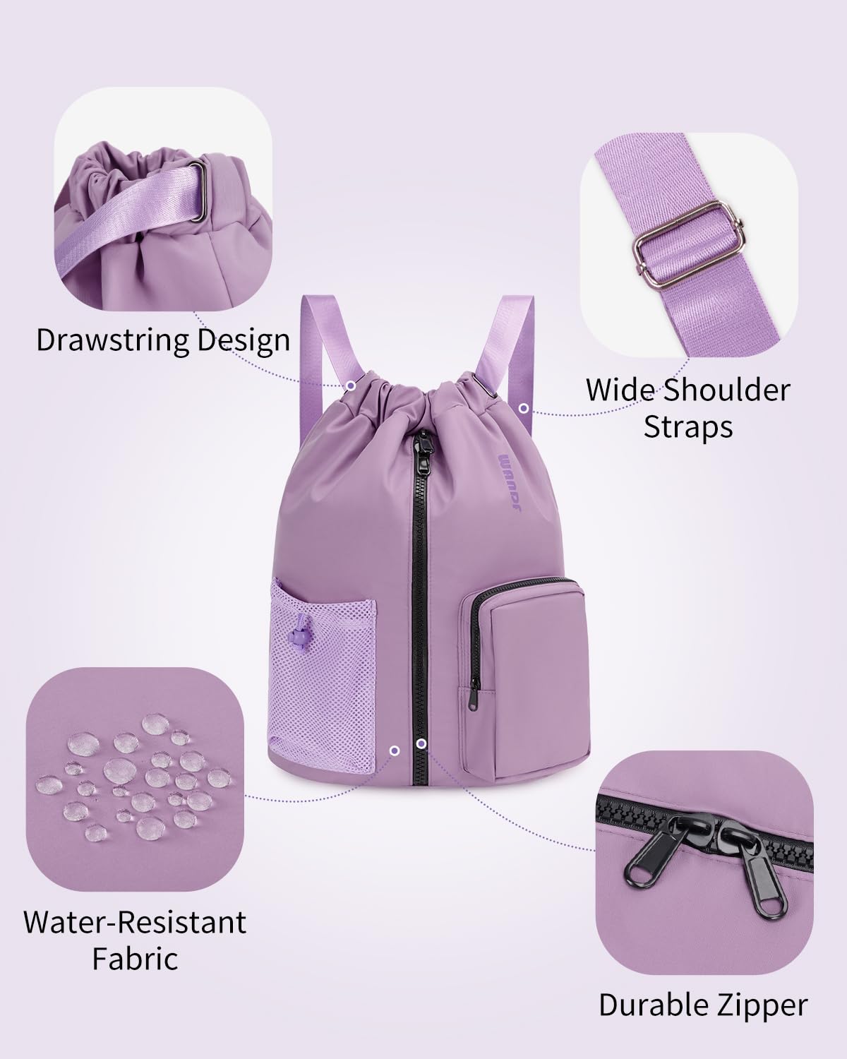 Waterproof Drawstring Backpack with Shoe Compartment - Gym & Beach Bag for Women & Men (Lilac) - Perfect for Sports & Swimming