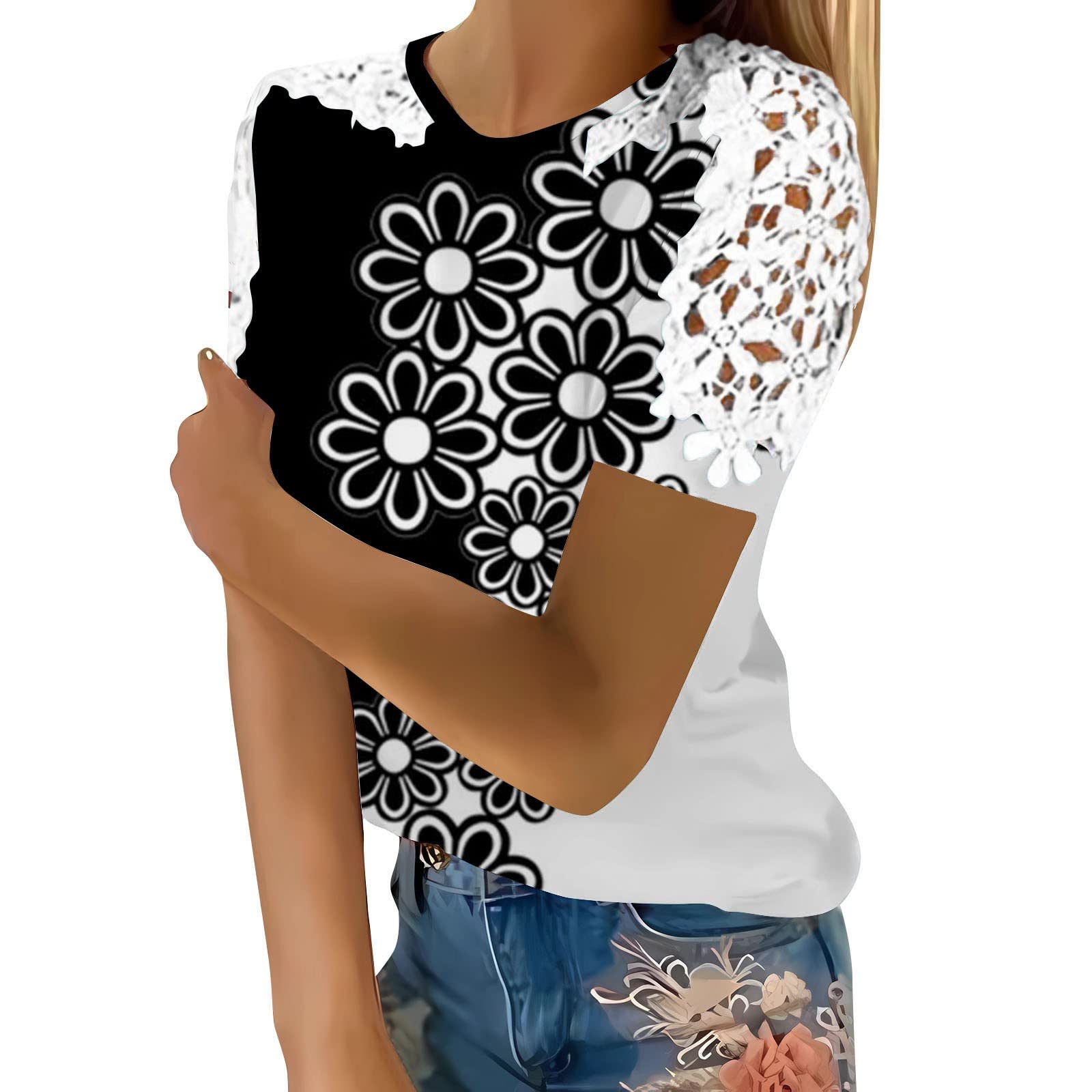 QIYIGUO Women's Cotton Floral Print T-Shirt - Loose Fit Short Sleeve Hollow Stitch Casual Top for Women | Perfect for Summer Outfits, Beach Wear & Everyday Comfort