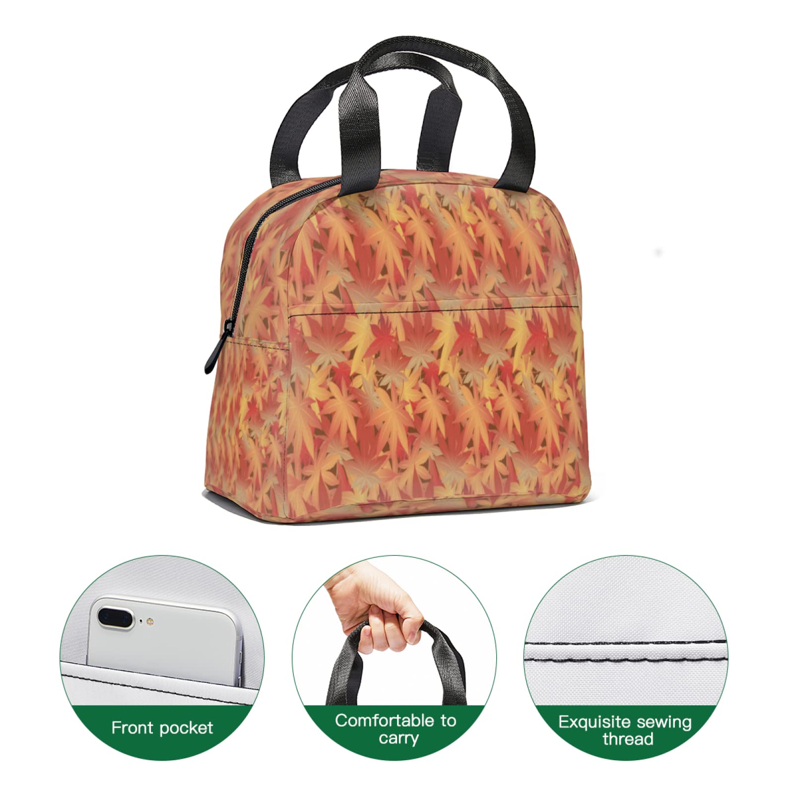 Japanese Maple Leaf Insulated Lunch Tote Bag - Reusable Thermal Lunch Box with Front Pocket for Women & Men | Perfect for School, Office, Picnic, and Autumn Outings
