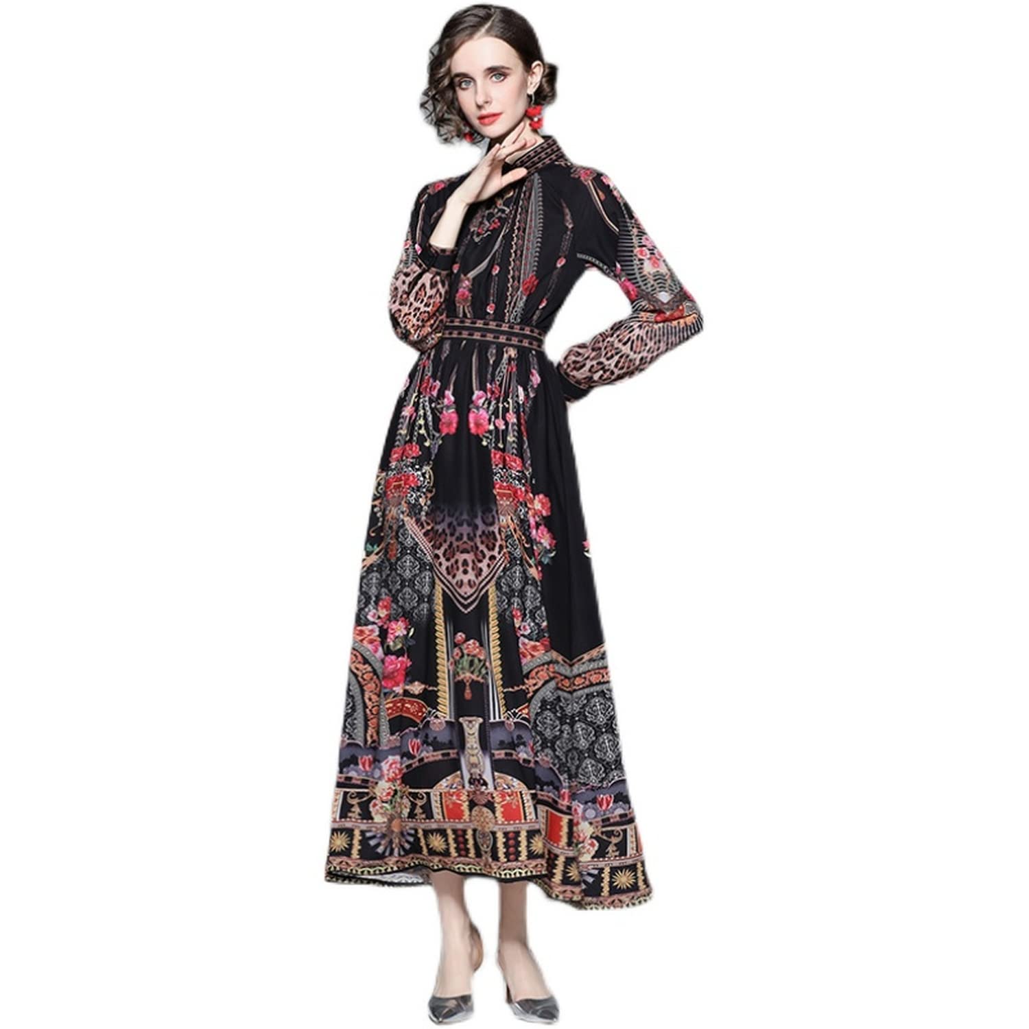 XDJchs Spring Women's Vintage Floral Print Slim Fit Long Dress - Elegant Retro Fashion for Casual Outings, Parties & Special Occasions