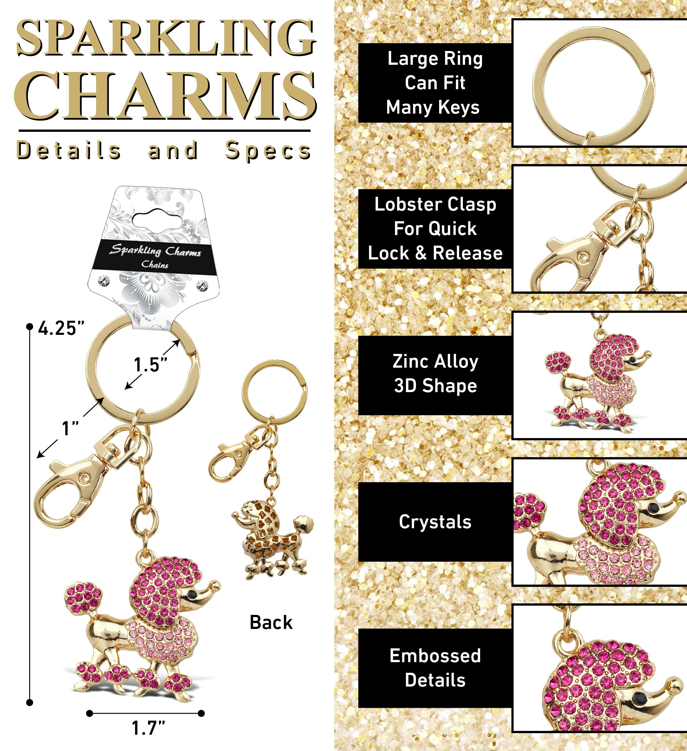 Elegant Pink Poodle Dog Keychain - Gold 3D Sparkling Rhinestone Charm, Fashionable Stylish Metal Alloy Key Ring with Clasp | Durable Crystal Jewelry Accessory for Women, Girls, Pets Lovers | Perfect for Keychains, Bags, Gifts & Party Favors