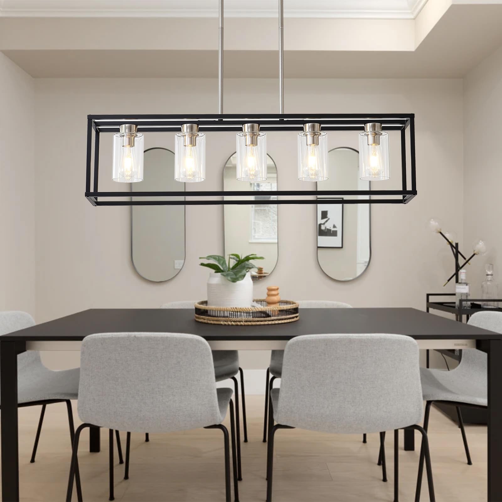 5-Light E26 Kitchen Island Lighting - Farmhouse Dining Room Chandelier with Clear Glass Shades, Adjustable Height Black & Silver Rectangle Pendant Light for Kitchen Counter, Dining Table, Breakfast Nook, and Bar