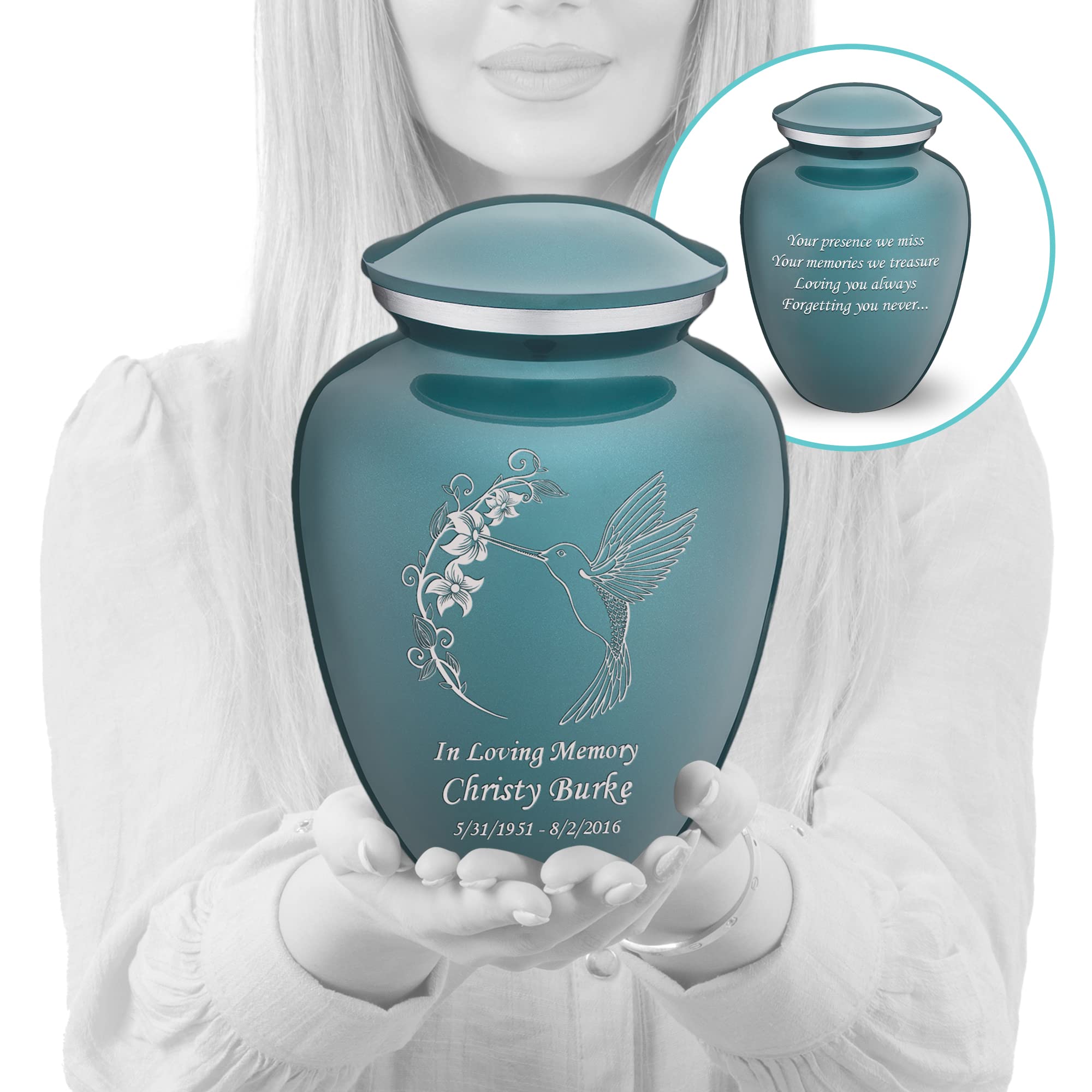 Personalized Hummingbird Cremation Urn for Human Ashes - Large Teal Funeral Urn with Double Side Engraving for Adults (200 lbs Capacity) | Memorial Keepsake for Home, Funeral Service & Scattering Ceremonies