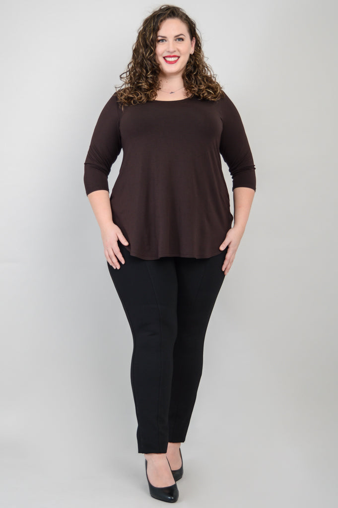 Jazz 3/4 Sleeve Top for Women - Soft Bamboo Fabric Coffee Brown Casual Shirt - Perfect for Concerts, Coffee Dates & Everyday Wear
