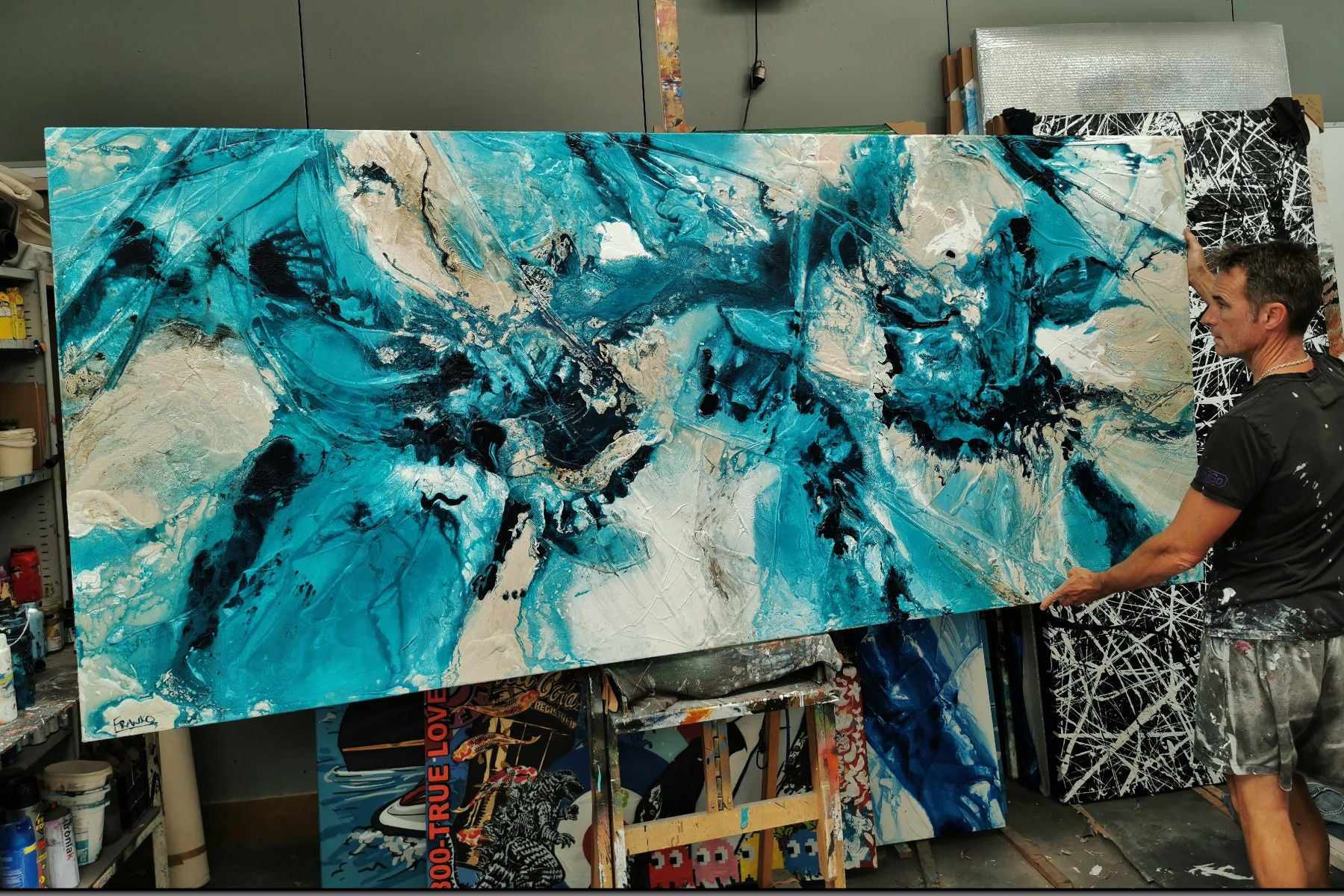 270cm x 120cm Cream Teal Textured Abstract Wall Art Painting - Handmade Canvas Artwork for Living Room, Bedroom & Office Decor | Modern Home Decoration
