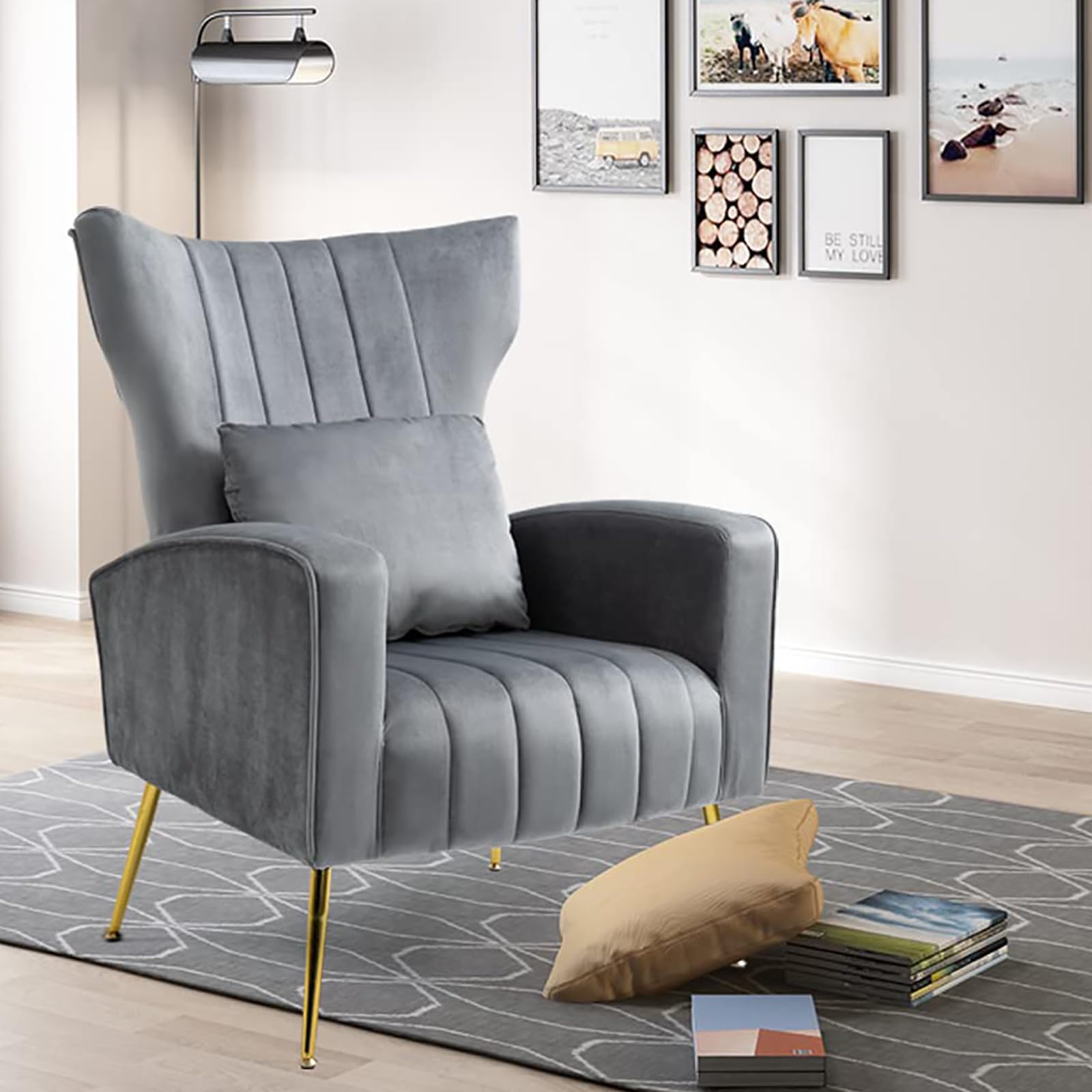X-VOLSPORT Velvet Accent Chairs Set of 2 - Mid Century Modern High Back Living Room Chairs with Waist Pillow, Upholstered Armchairs with Gold Metal Legs - Perfect for Bedroom, Living Room, Club & Office Decor (Grey)