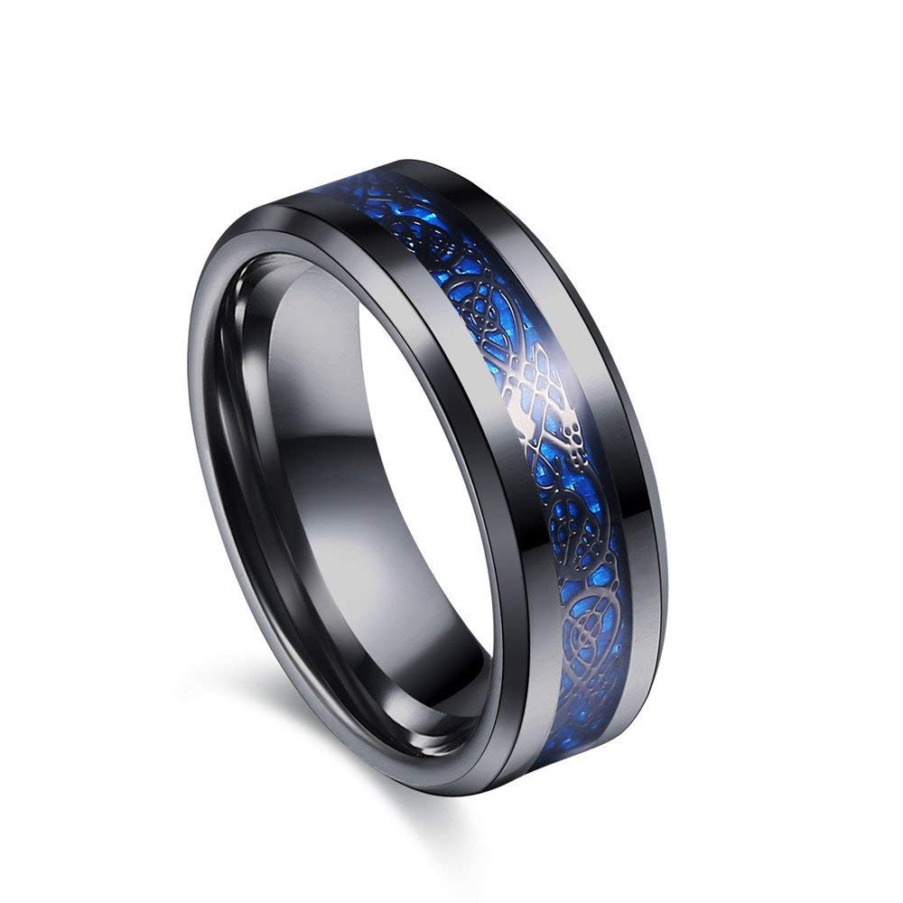 Yellow Chimes 2-Piece Titanium Steel Rings for Men - Dragon & Celtic Inlay Polish Finish, Black & Blue Rings for Men & Boys | Wedding, Gift, Fashion Jewelry