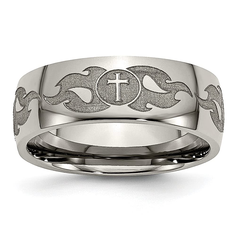 ICE CARATS Titanium Cross Religious Flames Laser Engraved 8mm Wedding Band Ring for Women - Size 7.00, Durable & Hypoallergenic Fashion Jewelry - Perfect Gift for Her, Anniversary, Valentine's Day & Religious Occasions