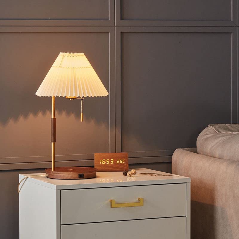 Wireless Charging Desk Lamp with Pleated Fabric Shade - Solid Wood Night Light for Bedroom, Office & Study | USB-C Fast Charging, Adjustable Brightness, Modern Home Decor Lighting
