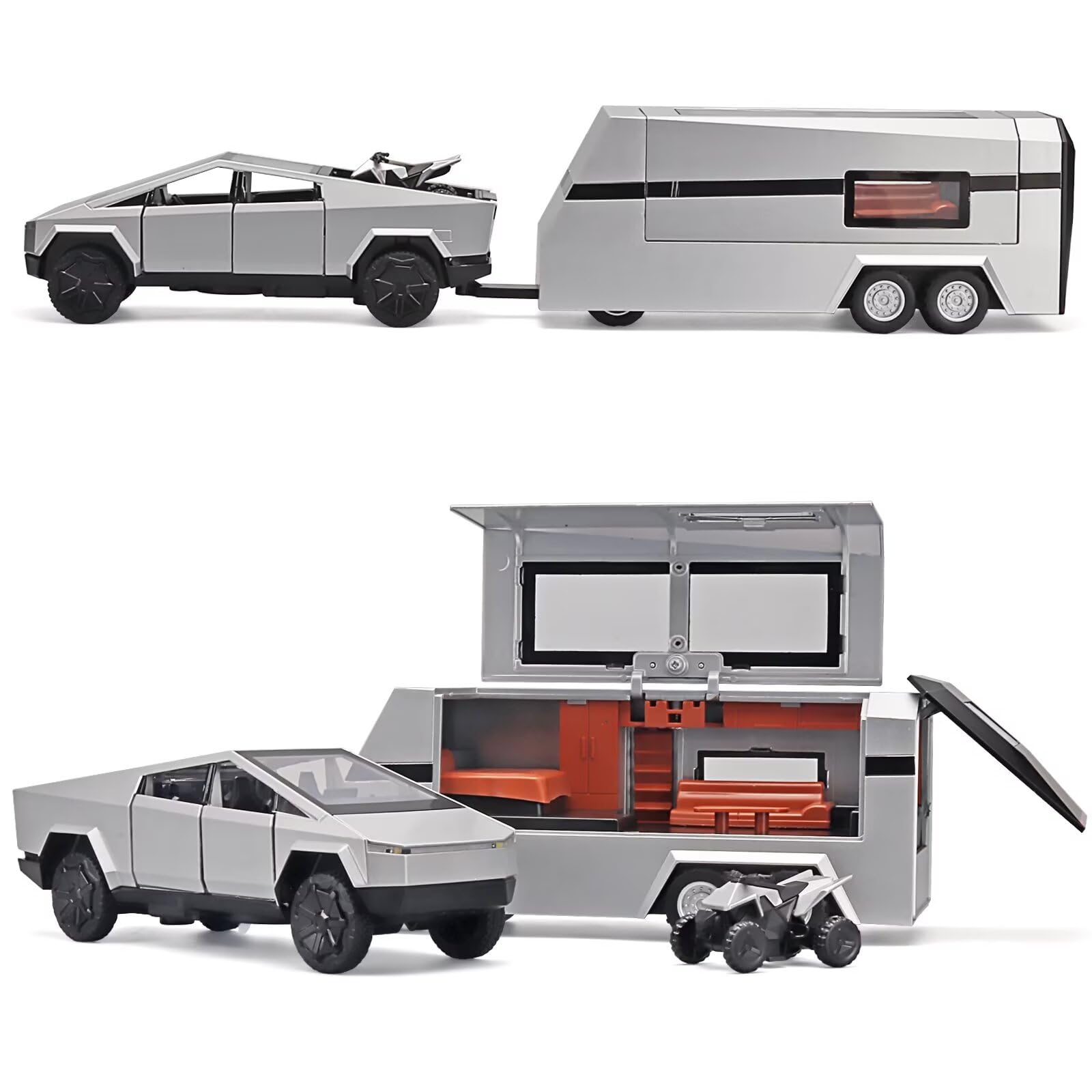 Diecast Metal Mars Pickup Trailer Toy RV with Sound & Light - Pull Back Truck & Trailer Model Kit for Boys Ages 4-7 - Perfect for Imaginative Play, Car Shows & Birthday Gifts (Silver)