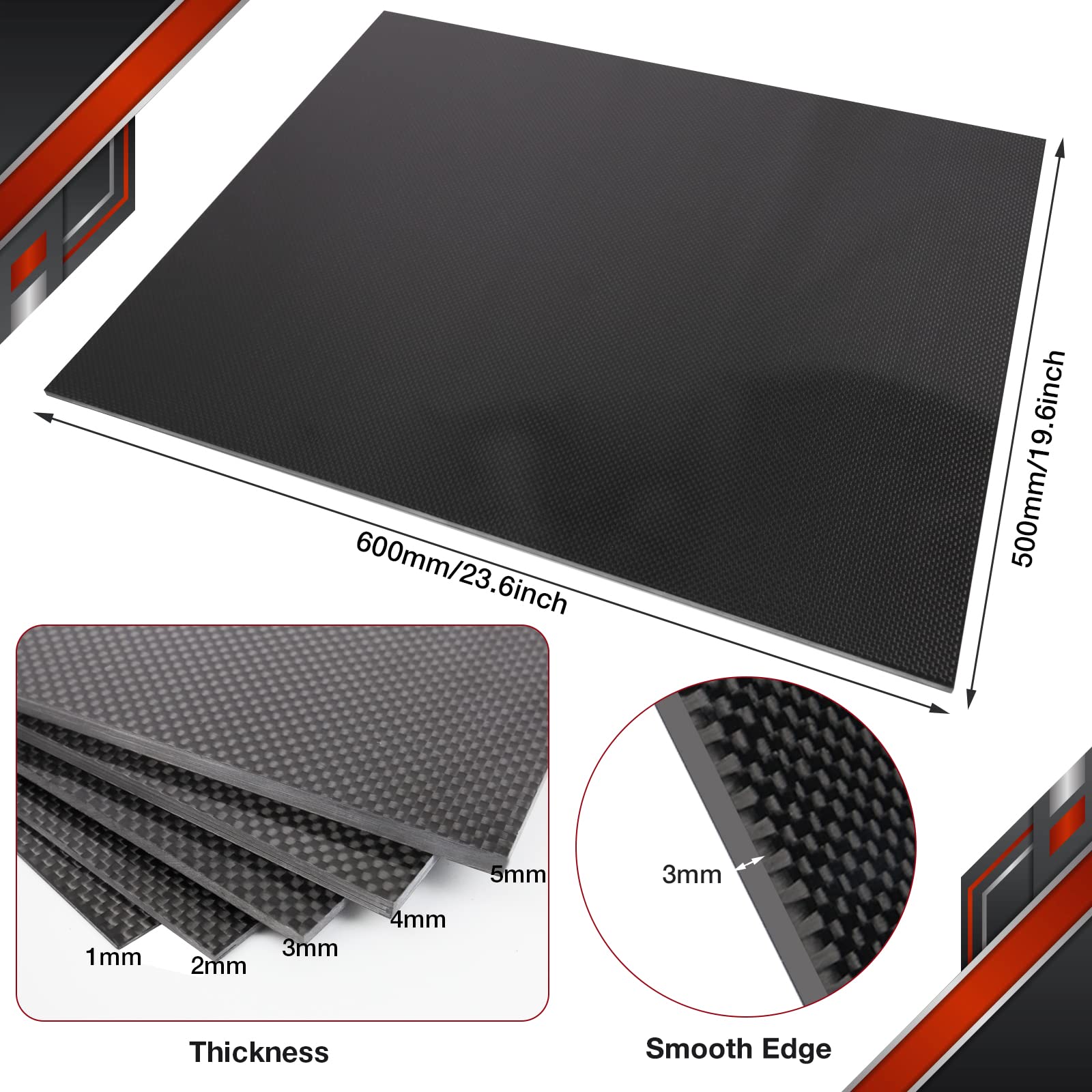 Premium 3K Carbon Fiber Sheet - 500x600mm (1.0mm-6.0mm Thickness Options) - 100% Plain Weave Laminate Panel with Glossy Finish - Ideal for Automotive, Aerospace & DIY Projects