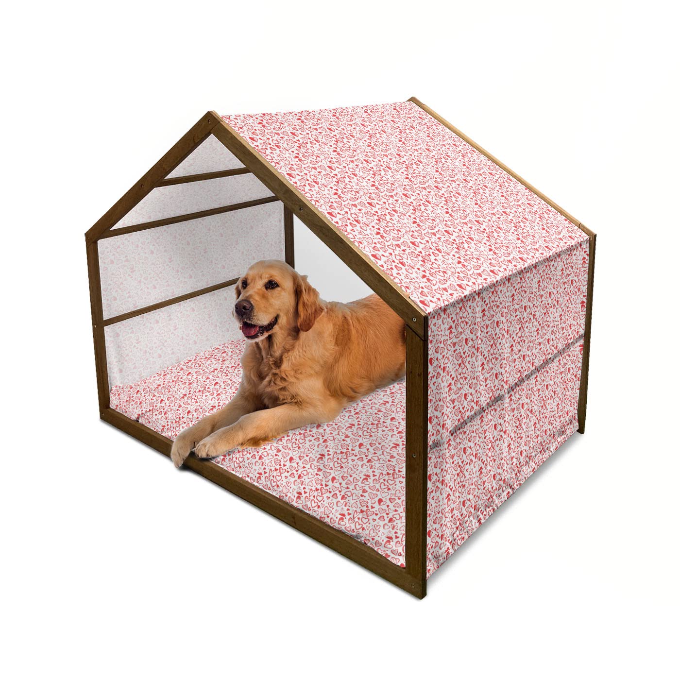 Ambesonne Valentines Wooden Dog House - Red & White Heart Pattern Portable Indoor/Outdoor Dog Kennel with Pillow Cover, 2X-Large (Scarlet White) - Perfect for Valentine's Day Gift, Backyard Pet Shelter & Cozy Home Decor