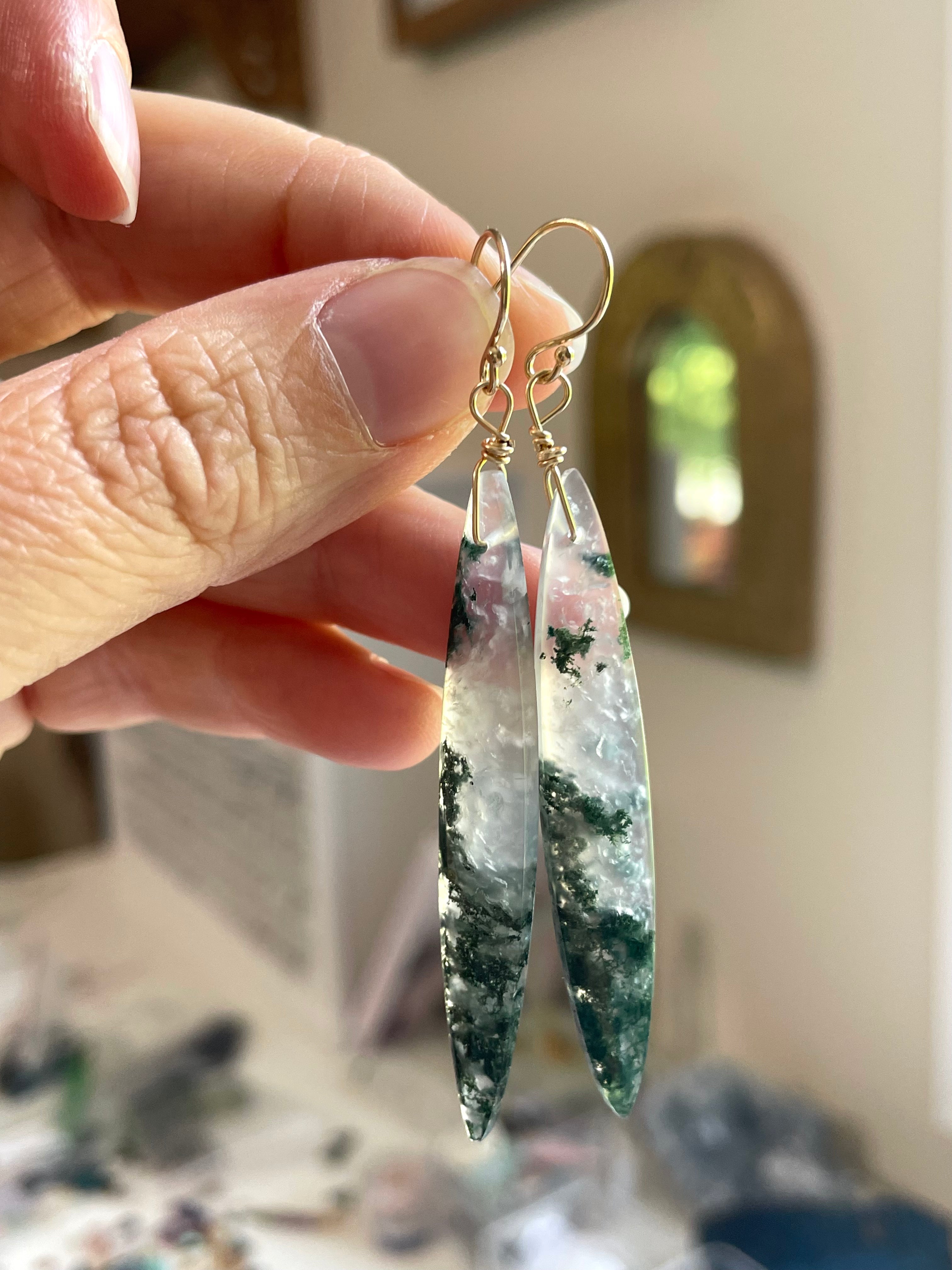 Elegant Moss Agate Dangle Earrings in Gold Fill - Perfect for Boho, Wedding & Evening Wear