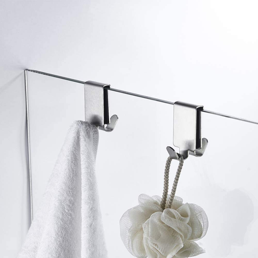 Stainless Steel Double Hooks for Glass Shower Door - 2 Pack Brushed Finish Towel Hooks (0.31-0.39in) - Perfect for Bathroom Organization & Glass Wall Storage