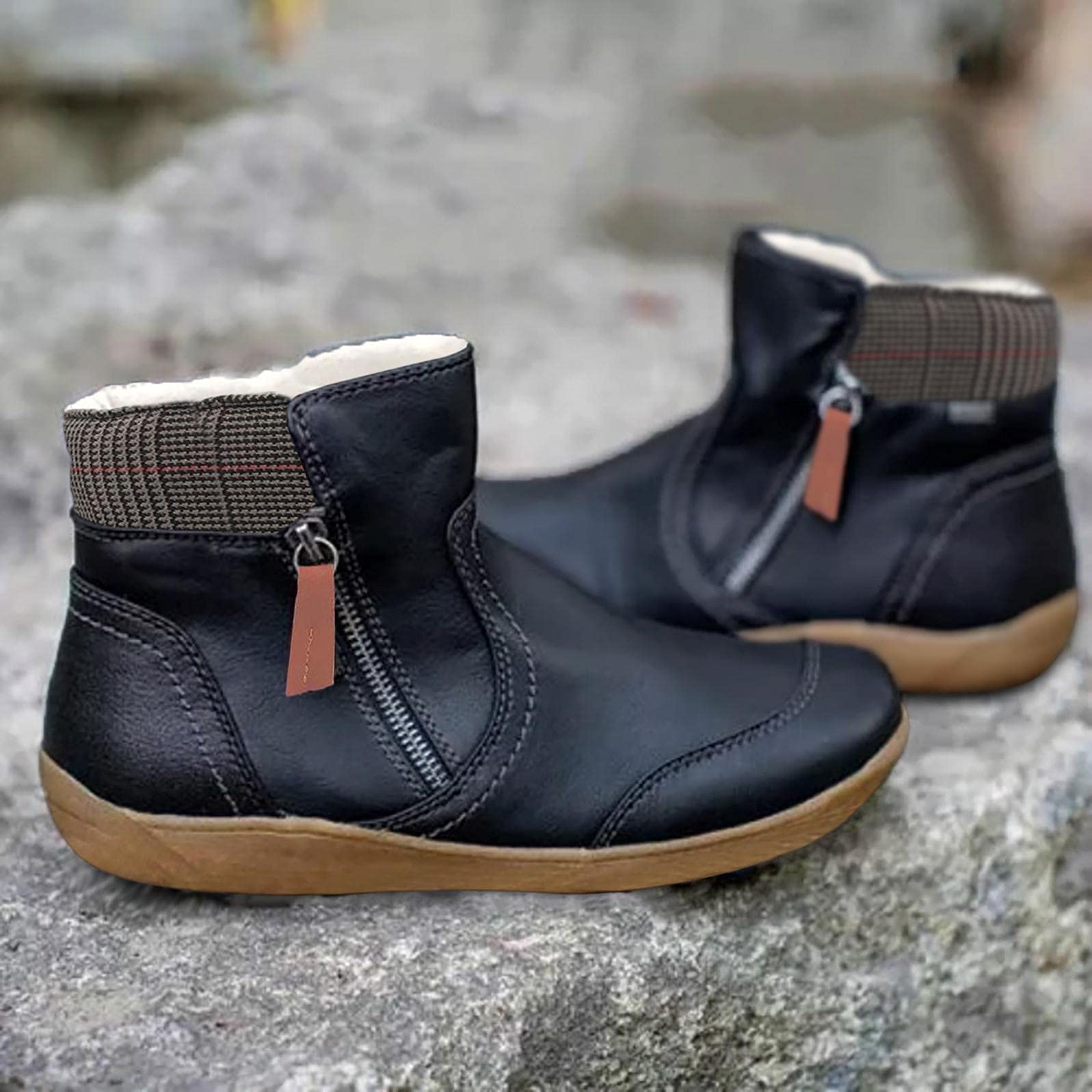 Bcshiye Women's Ankle Boots - Leather Zipper Comfort Shoes with Arch Support, Casual Flats Booties for Outdoor, Party & Everyday Wear