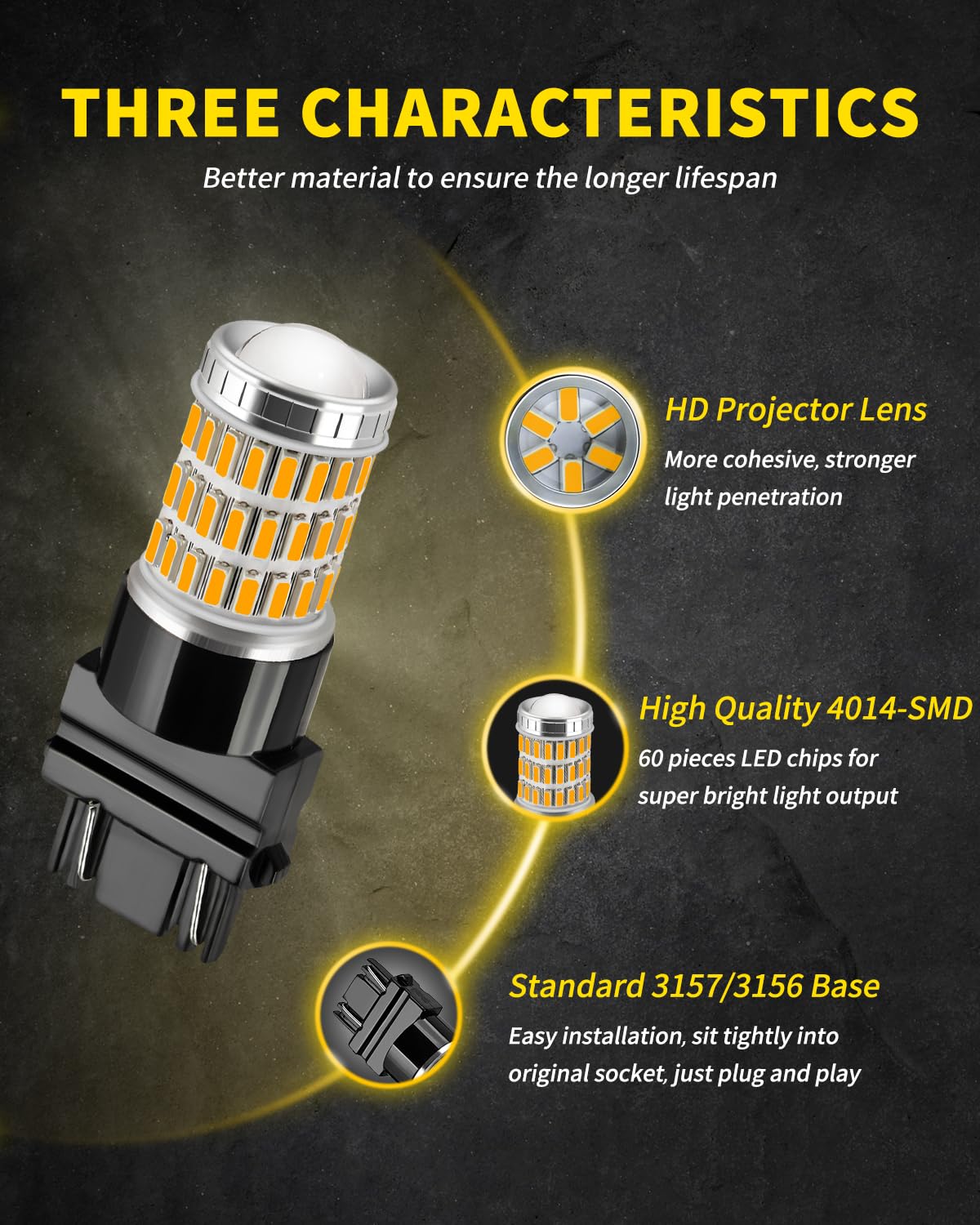 AUXLIGHT 3157 3156 4157 3057 3357 LED Bulbs - Ultra Bright 60-SMD LED Replacement for Turn Signal, Brake, Tail, Parking & Running Lights - Amber Yellow (Pack of 2) - Perfect for Cars, Trucks, SUVs & Motorcycles