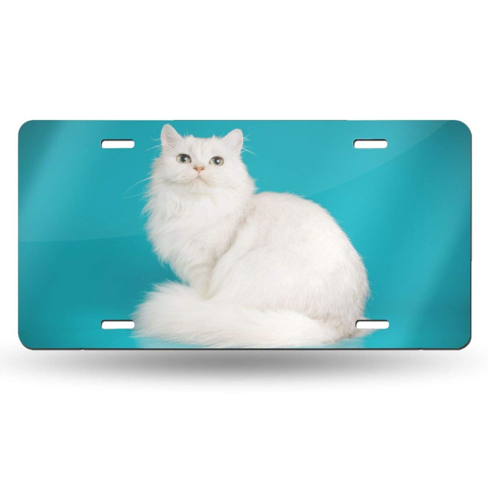 White Cat Decorative Aluminum Vanity License Plate - 6x12 Inch Novelty Car Front Tag for Men, Women & Kids | Perfect for Car Shows, Gifts & Personalizing Your Vehicle