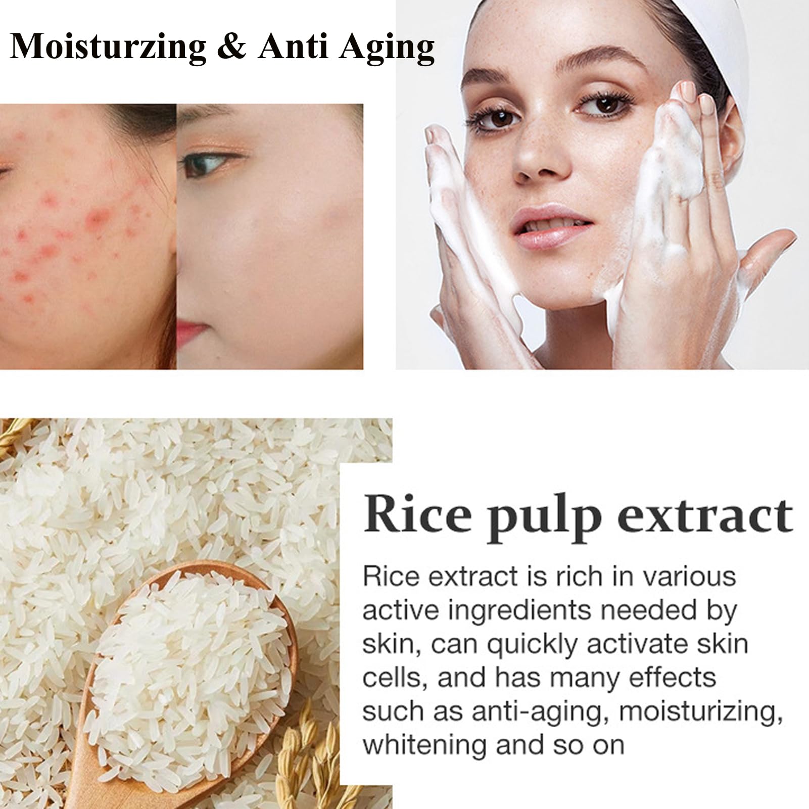 Gentle Rice Facial Cleanser with Silicone Brush - Amino Acid Foaming Face Wash for Sensitive & Acne-Prone Skin | Hydrating Daily Cleanser for Dry Skin | Perfect for Morning & Night Skincare Routine