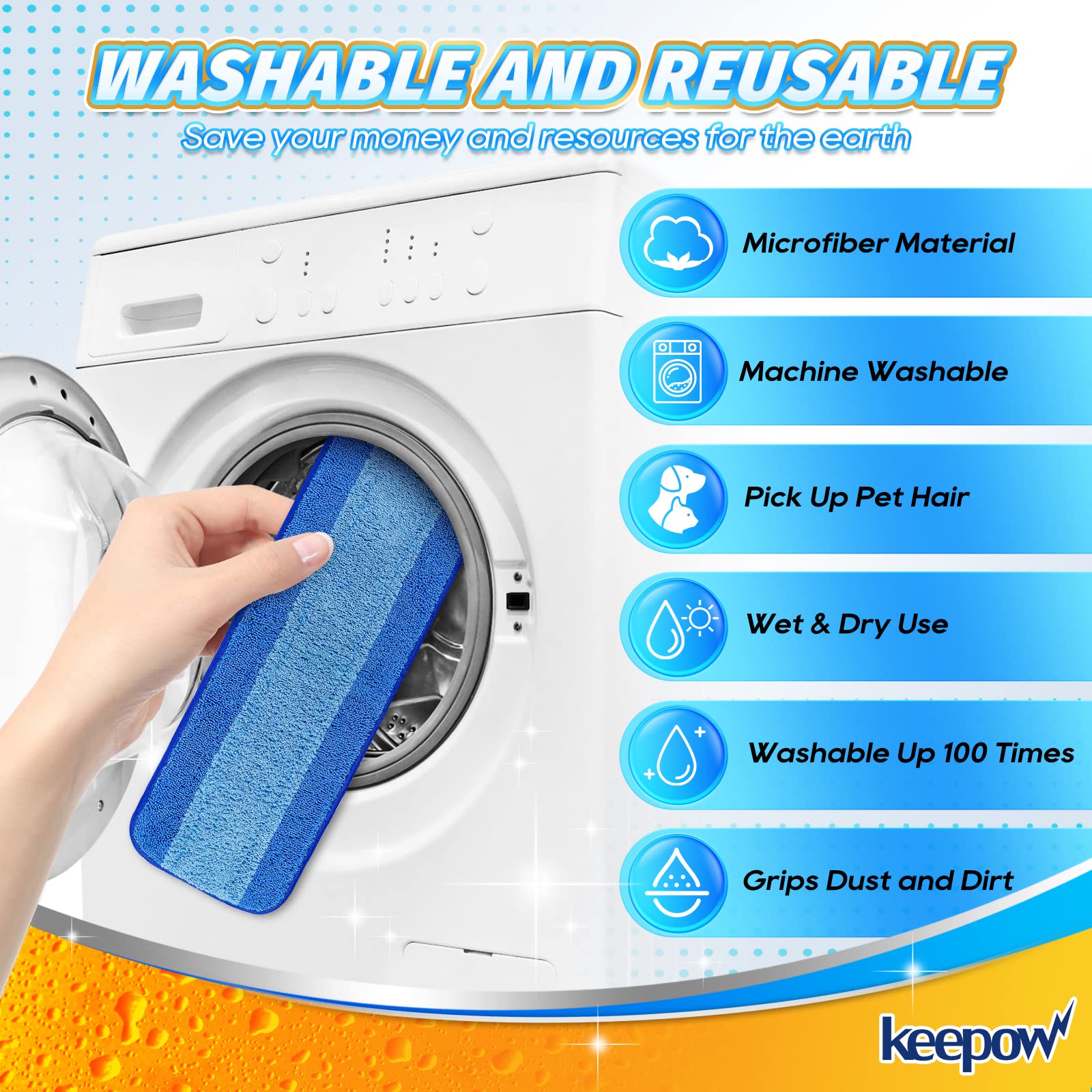 KEEPOW 18 Inch Microfiber Cleaning Pads for Mop - Washable & Reusable Replacement Pads for Hardwood Floors, Laminate & Hard Surface Cleaning (6 Pack) - Perfect for Daily Floor Maintenance & Deep Cleaning
