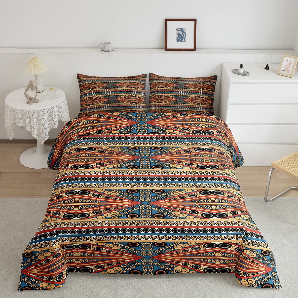 Bohemian Ethnic Comforter Set Twin Size - Retro Boho Indian Aztec Style Bedding with 1 Pillowcase (3pc) - Multicolor Geometric Rhombus Pattern - Perfect for Kids' Bedroom Decor & Teen Boys' Boho Chic Room Aesthetic