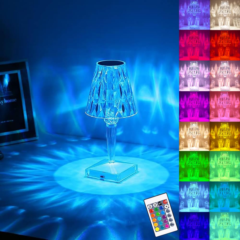 Portable Crystal Diamond Touch Sensor Table Lamp - 16 Color Remote Control Rechargeable LED Night Light - Acrylic Crystal Bedside Lamp for Bedroom, Living Room, Kitchen & Home Decor
