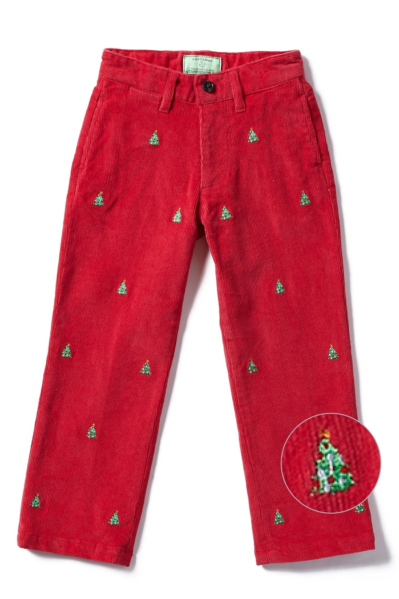 Boys Corduroy Pants - Crimson Red Christmas Tree Print for Holiday & Winter Outfits - Casual Playwear & Festive Family Gatherings