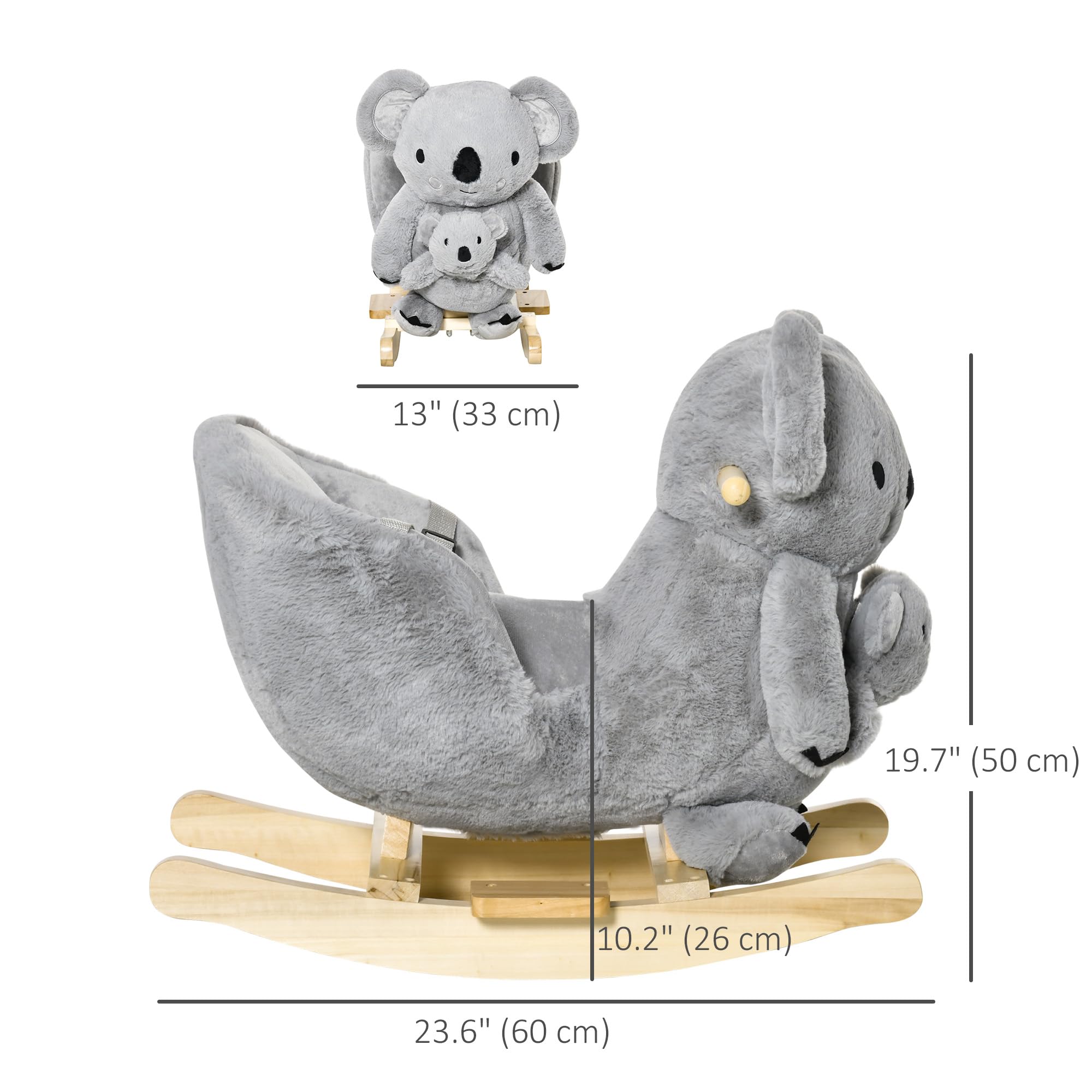 Qaba Kids Plush Ride-On Rocking Horse - Koala-Shaped Soft Toy Rocker with Gloved Doll & Realistic Sounds for Toddlers 18-36 Months (Gray) | Perfect for Indoor Play, Birthday Gifts & Early Childhood Development