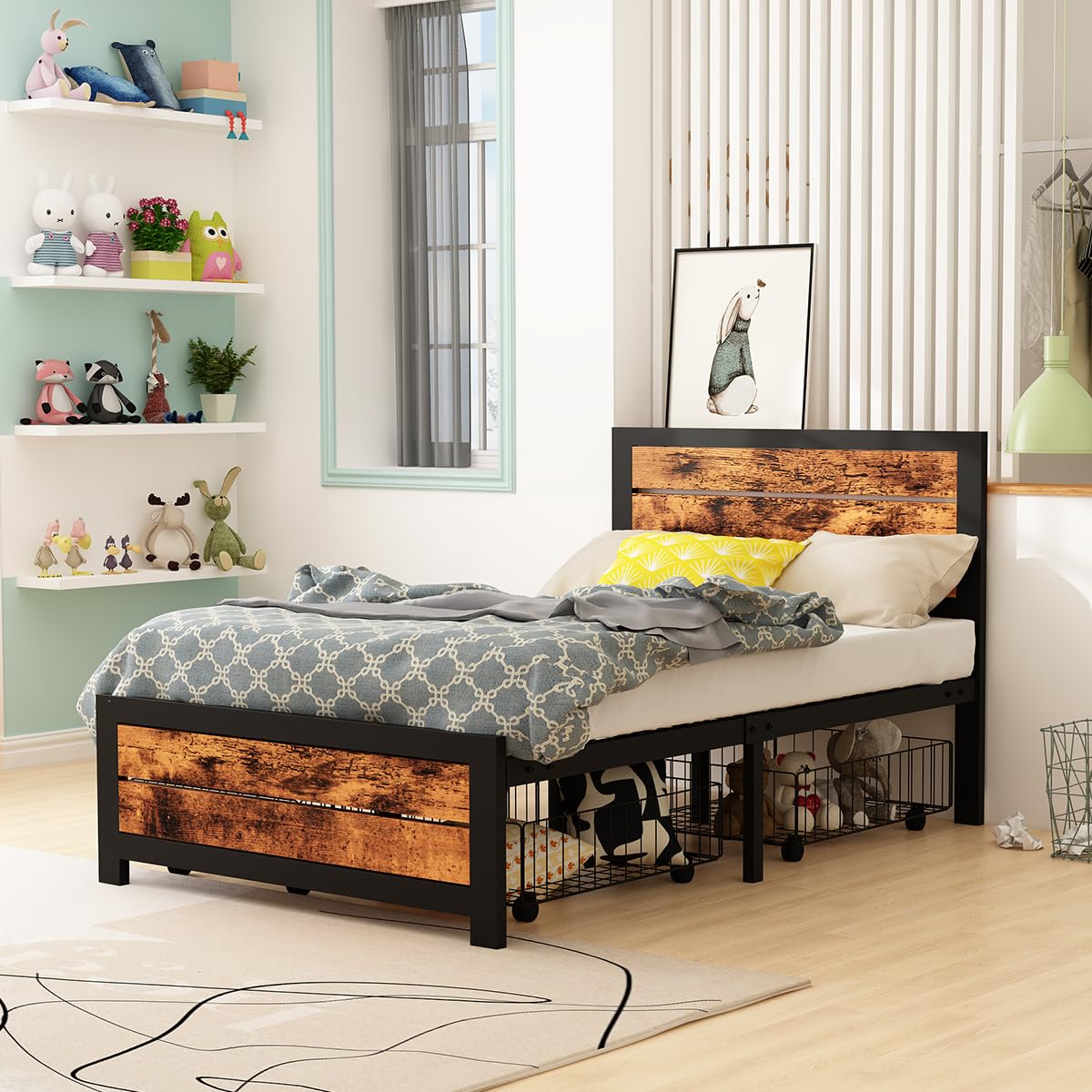 WAYTRIM Twin Platform Bed Frame with Wooden Headboard & Footboard - Industrial Metal Slat Support, No Box Spring Needed, Includes 2 Underbed Rolling Storage Carts - Retro Brown Finish - Perfect for Teens, Kids & Adults Bedrooms, Dorm Rooms or Guest Rooms