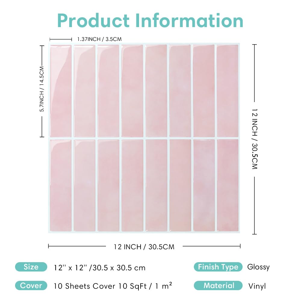 Commomy Pink Peel and Stick Tile - 10 Pack 12