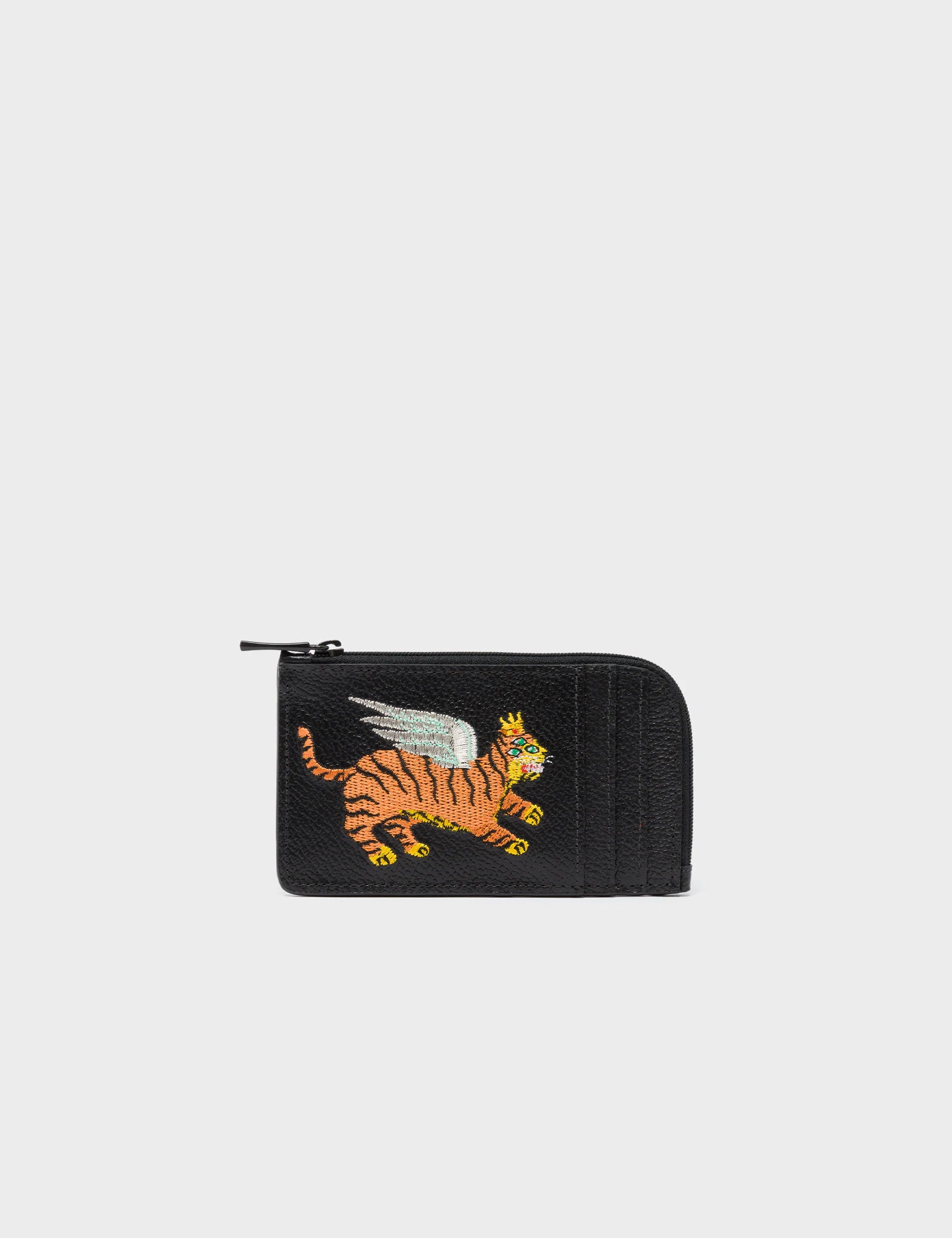 Fausto Black Leather Zip Around Cardholder with Flying Tiger Embroidery - Slim RFID Blocking Wallet for Men - Perfect for Travel, Business & Everyday Use