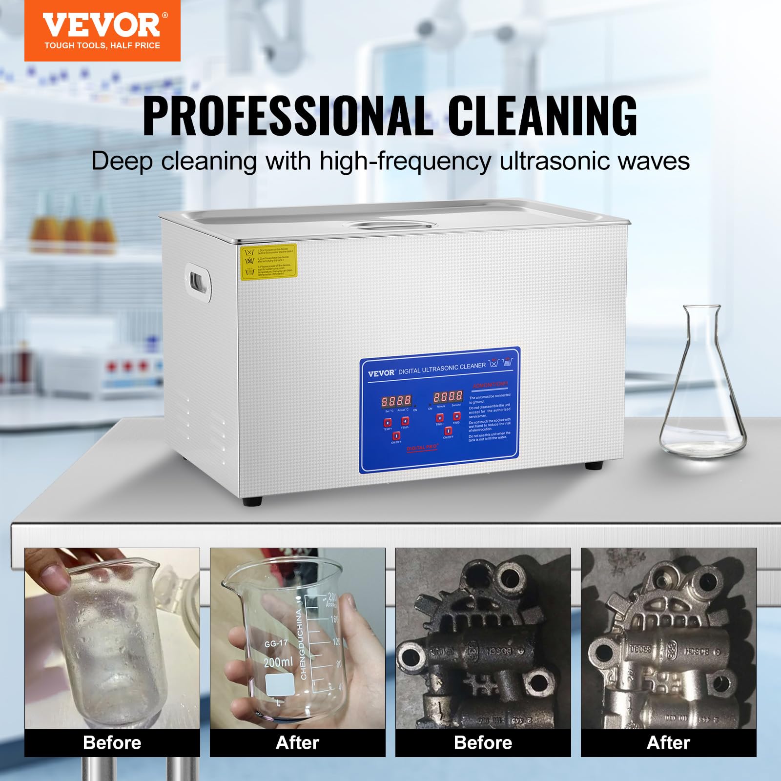 VEVOR 30L Industrial Ultrasonic Cleaner with Digital Timer & Heater, 40kHz 1100W Professional Large Ultrasonic Cleaning Machine for Wrench Tools, Metal Parts, Dental Instruments - Perfect for Automotive Repair, Jewelry Cleaning & Laboratory Equipment Maintenance