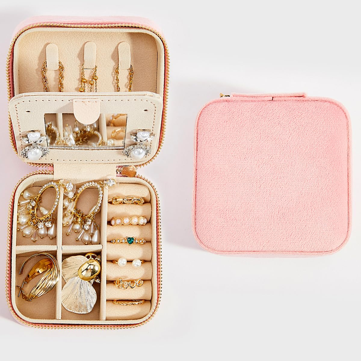 Velvet Jewelry Box with Mirror - Portable Travel Jewelry Organizer for Women & Girls - Small Jewelry Case for Rings, Earrings, Necklaces & Bracelets - Perfect for Travel, Gifts & Daily Storage