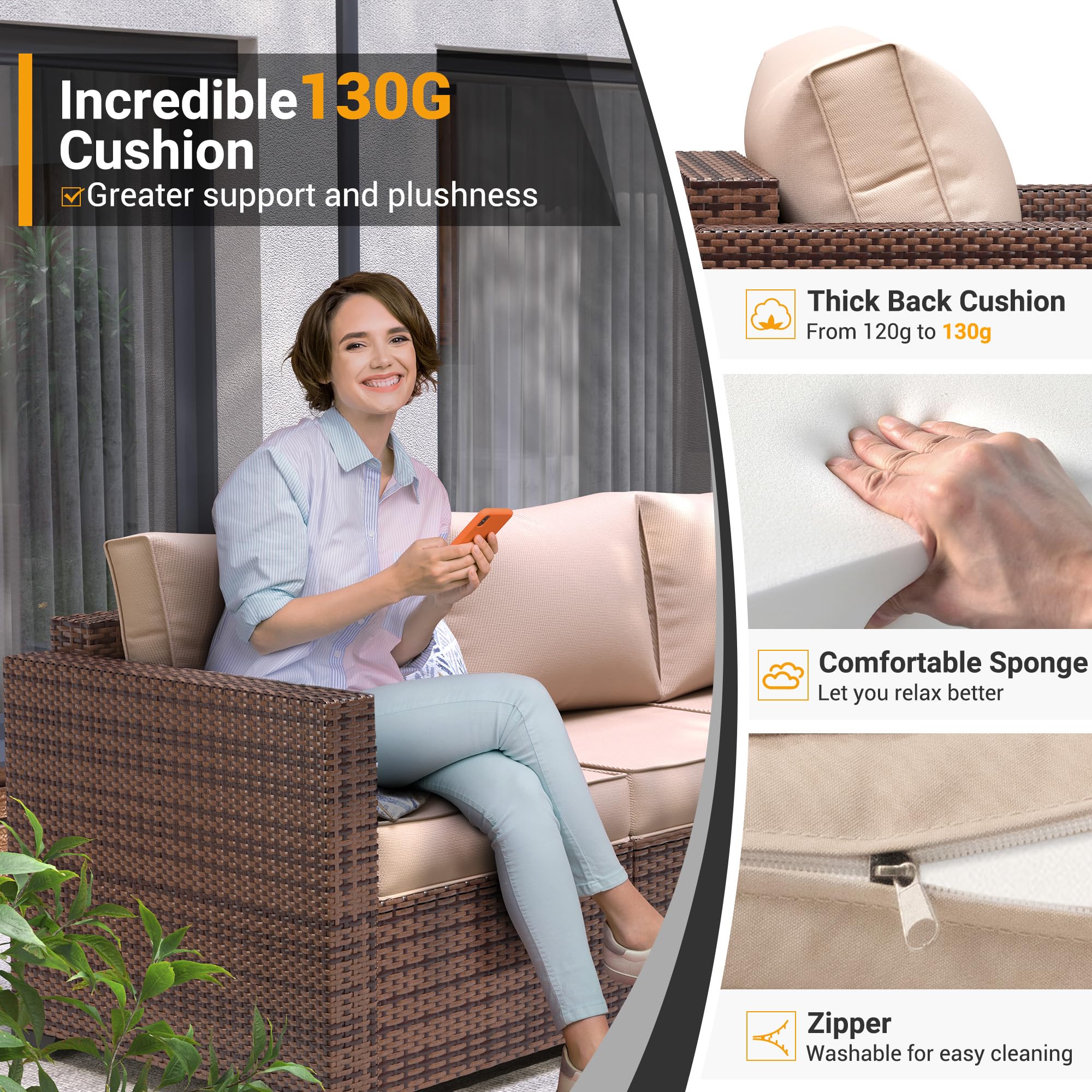 UDPATIO 3-Seat Patio Wicker Sofa Set - Outdoor Rattan Sectional Couch with Steel Frame, Waterproof Furniture Cover, Non-Slip Cushions & Deep Seating High Back - Khaki Brown - Perfect for Garden, Poolside, Balcony & Backyard Relaxation
