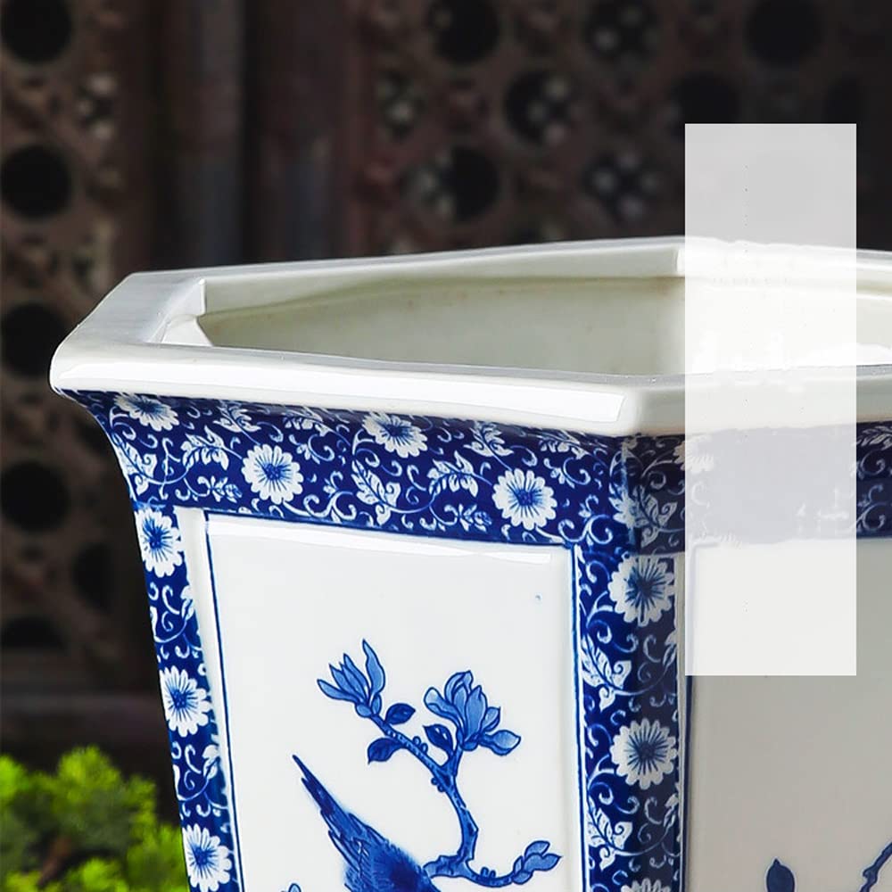 Hand-Painted Chinoiserie Blue and White Porcelain Flower Pot - Large Ceramic Planter for Indoor & Outdoor Plants | Perfect for Home, Garden, Balcony Decor