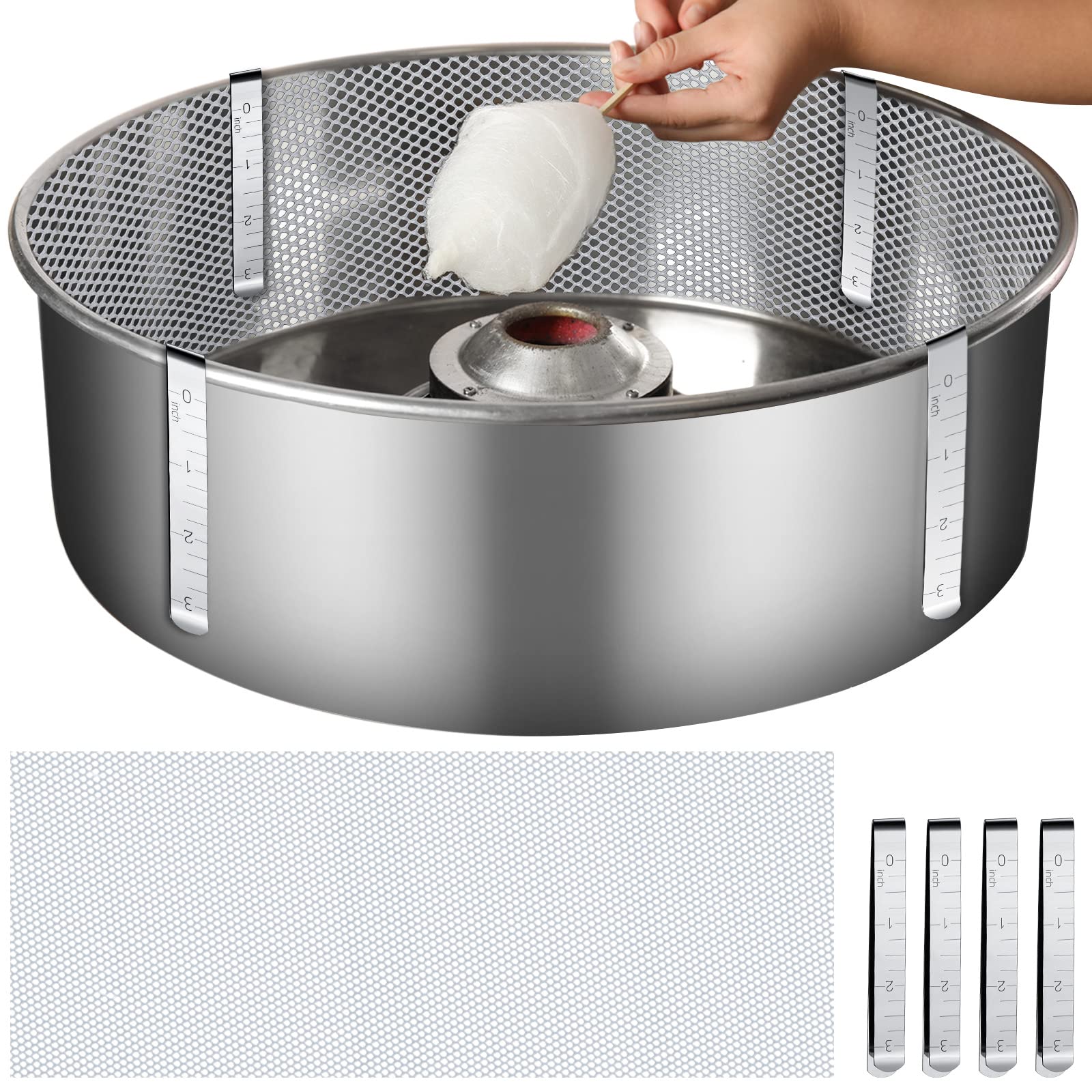 Cotton Candy Machine Stabilizer Kit - 4 Stainless Steel Clips & Mesh for 20-Inch Bowl | Replacement Parts for Most Candy Floss Makers | Perfect for Parties, Carnivals & Home Use