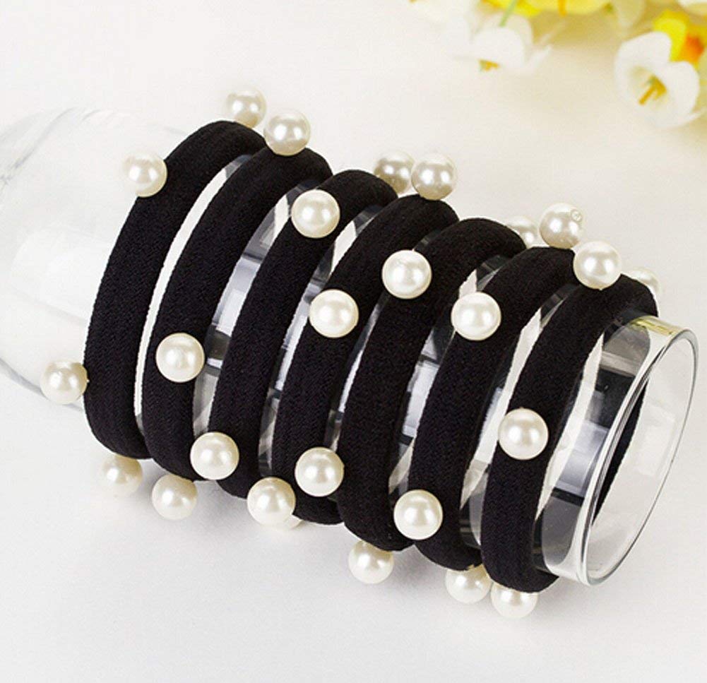 Belicia Black Elastic Hair Bands - 12 Pack Stretch Hair Ties with Man-Made Pearls for Women, Soft Cotton Ponytail Holders, Headbands & Hair Ropes - Perfect for Office, Gym, Wedding & Daily Use