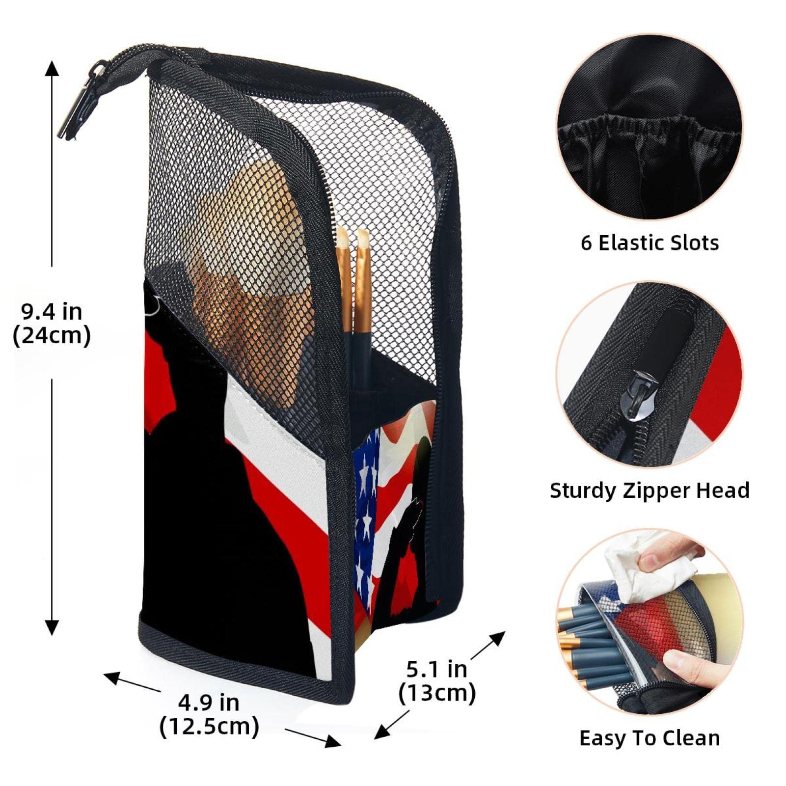 Patriotic American Soldiers Makeup Brush Organizer Bag with 12 Brushes - Portable Waterproof Cosmetic Brush Holder Case for Travel, Home & Professional Makeup Artists
