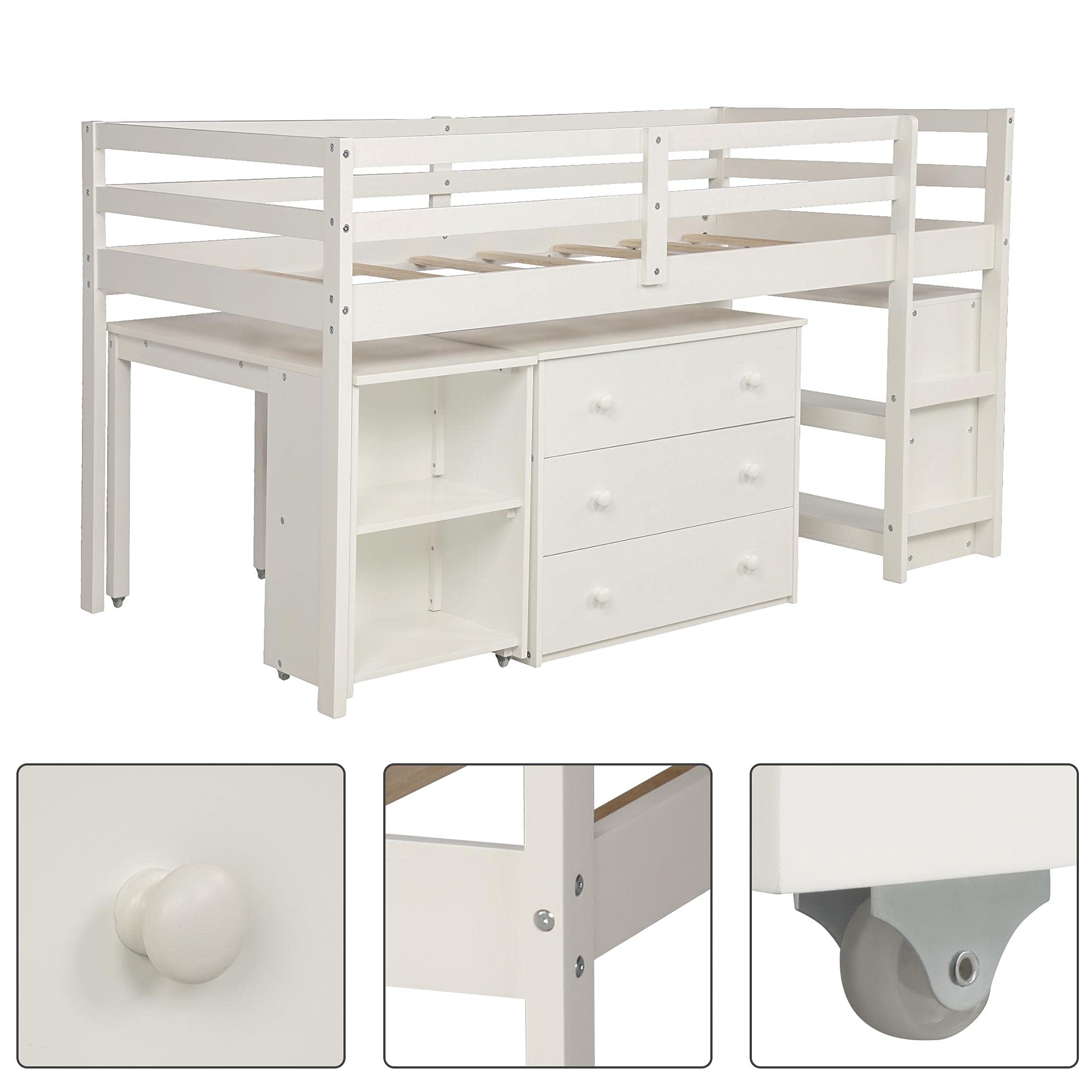 JINS&VICO Twin Loft Bed with Storage Cabinet & Rolling Desk - Wooden Study Loft Bed Frame with Shelves for Teens, Boys & Girls - No Box Spring Needed - White (78.4