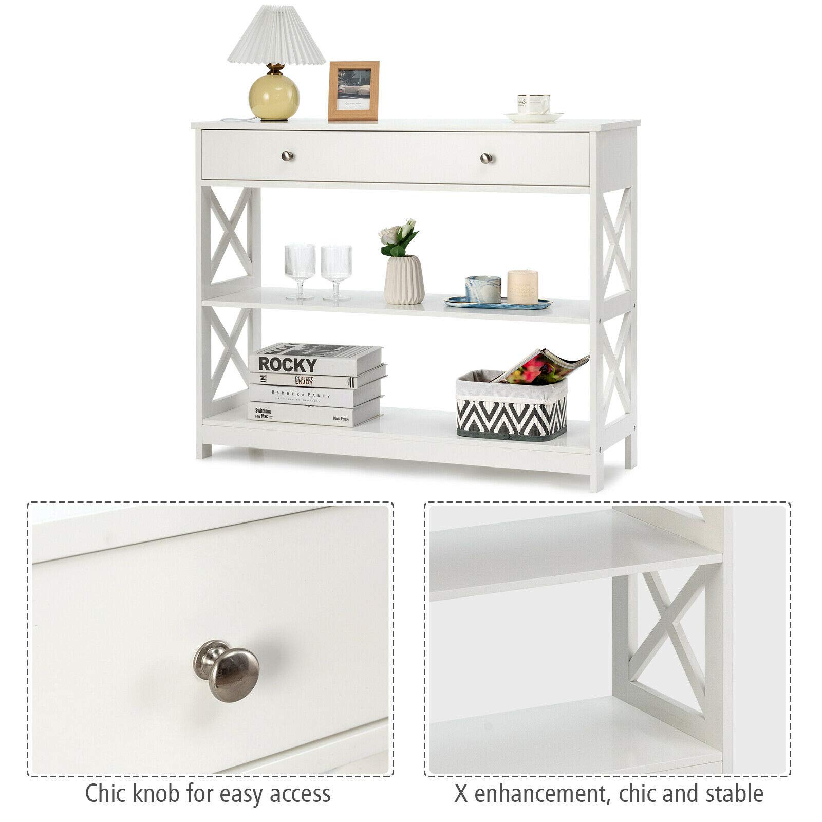 Elegant White Console Table with Storage Drawers & Shelves - Sturdy & Durable Sofa Accent Table for Living Room, Hallway, Entryway - Perfect for Home Decor & Organizing Keys, Books & Decorative Items