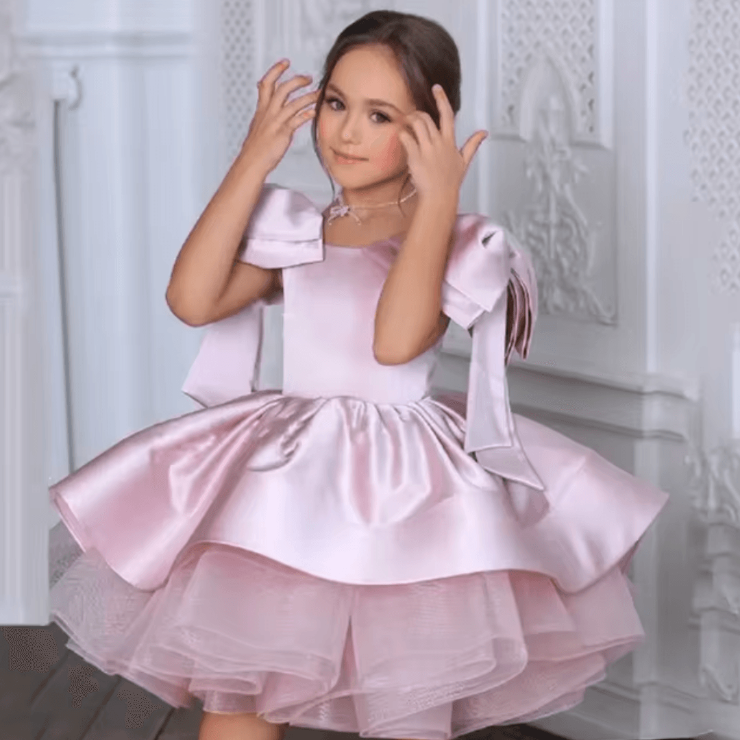 Elegant Satin Bow Knee-Length Princess Gown for Girls - Perfect for Birthday Parties, Pageants, and Special Occasions