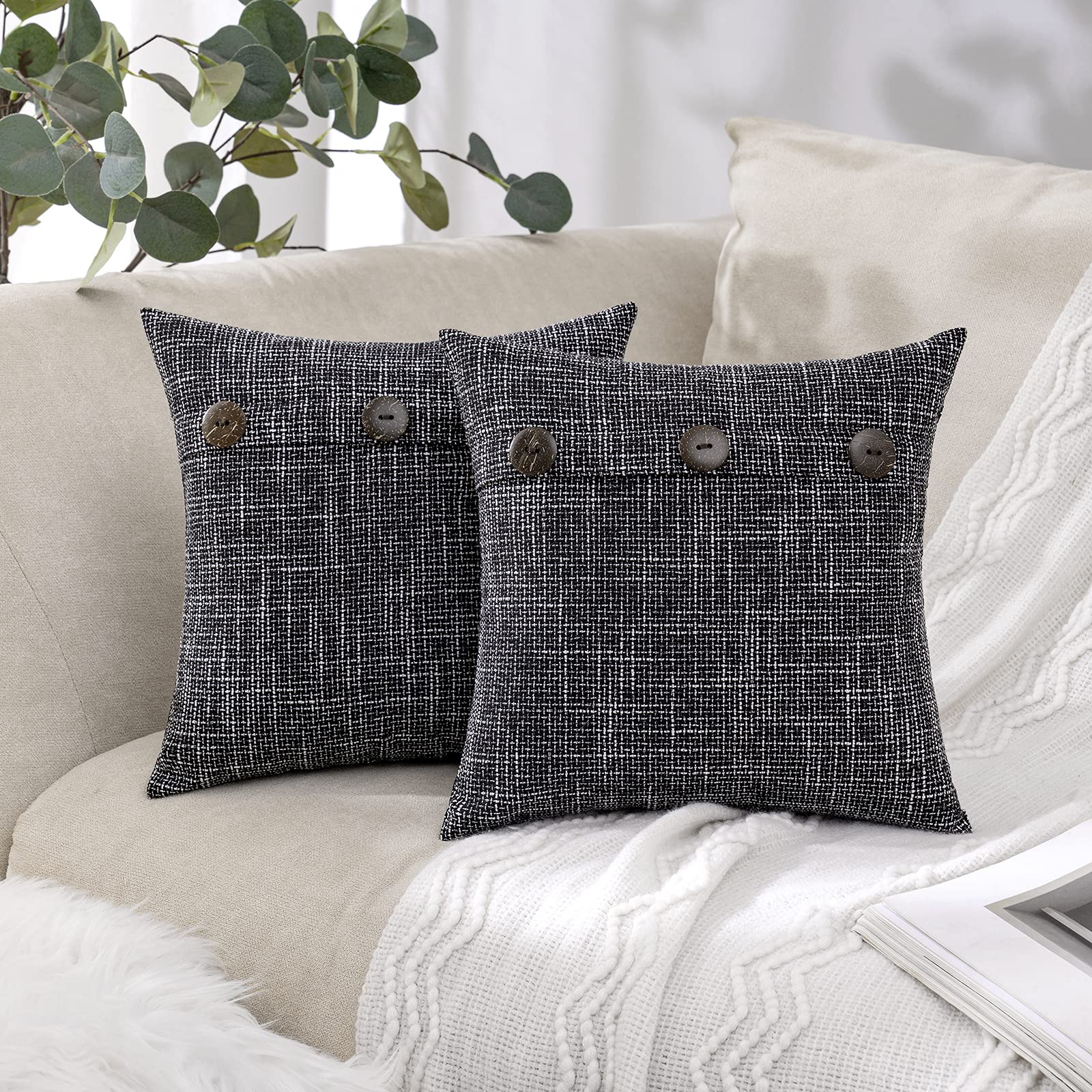 MIULEE Set of 2 Vintage Farmhouse Linen Throw Pillow Covers 12x12 Inch - Decorative Cushion Cases with Triple Button Closure for Sofa, Couch & Bed - Black Home Decor for Living Room, Bedroom & Farmhouse Style