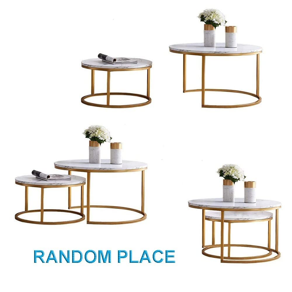 Modern Round Nesting Coffee Table Set of 2 - Faux Marble Top & Metal Frame Side Tables for Living Room, Office, Bedroom - Space Saving End Tables for Small Spaces, Sofa Corner, Dining Area