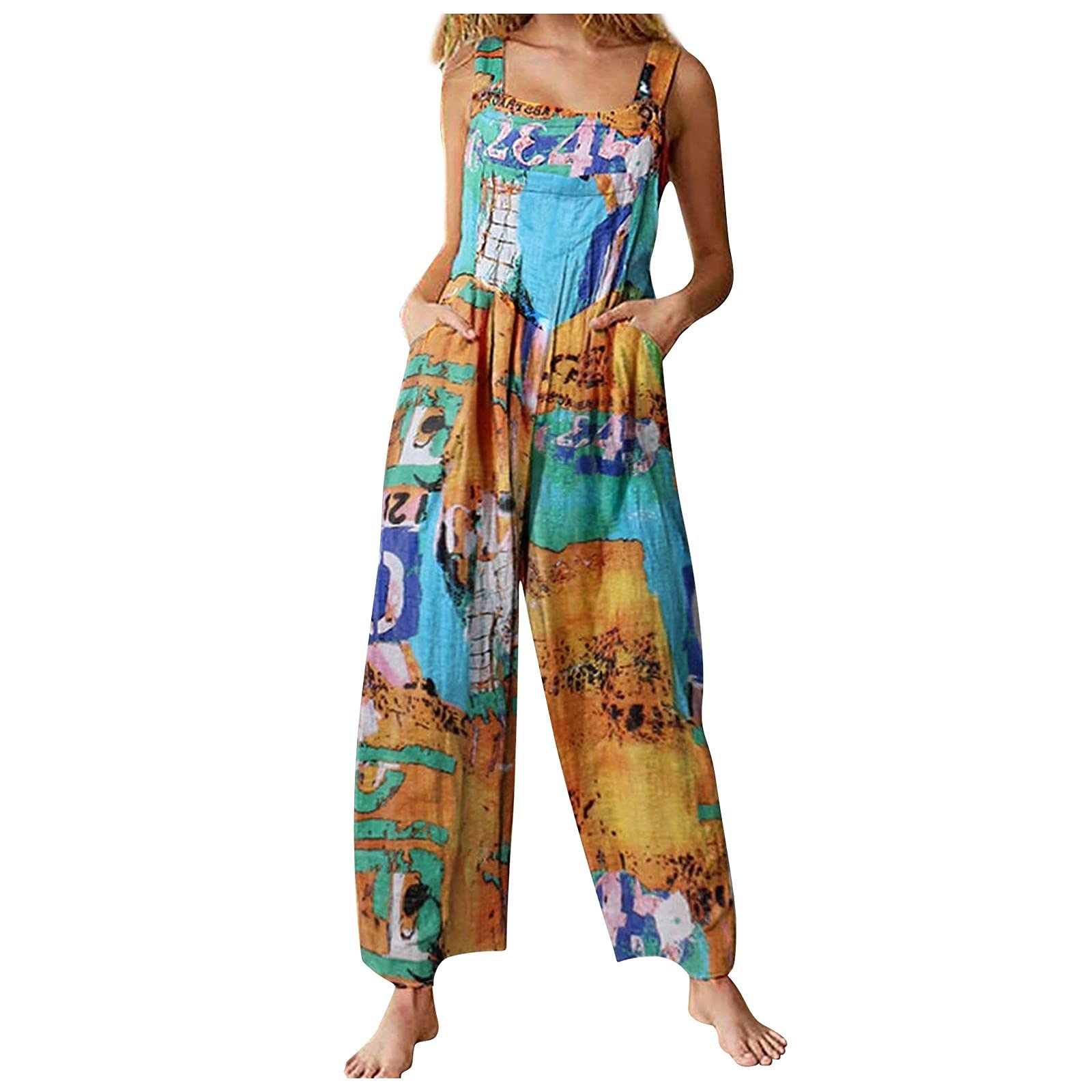 Women's Cotton Linen Long Overalls - Color Block Jumpsuit Romper, Solid Plus Size Wide Leg Jumpsuits, Soft & Cute Overalls for Casual Wear, Summer Outfits, Beach Vacation and Street Fashion