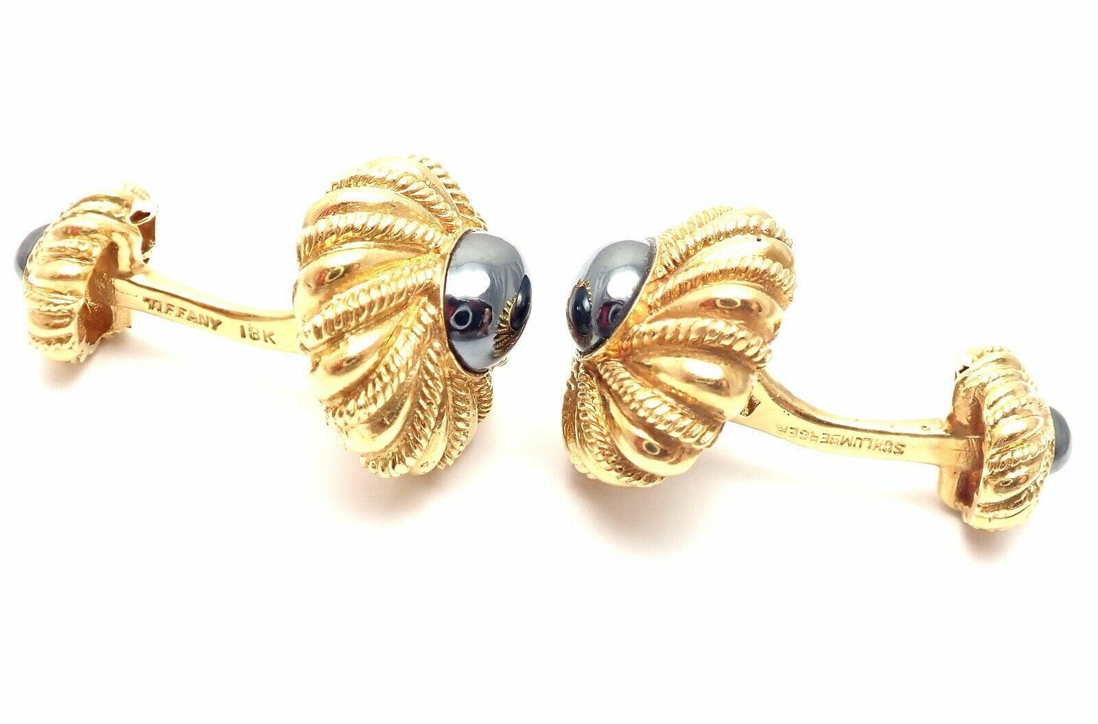 Authentic Tiffany & Co Jean Schlumberger 18k Yellow Gold Hematite Cufflinks for Men - Luxury Dress Shirt Accessories for Weddings & Formal Events