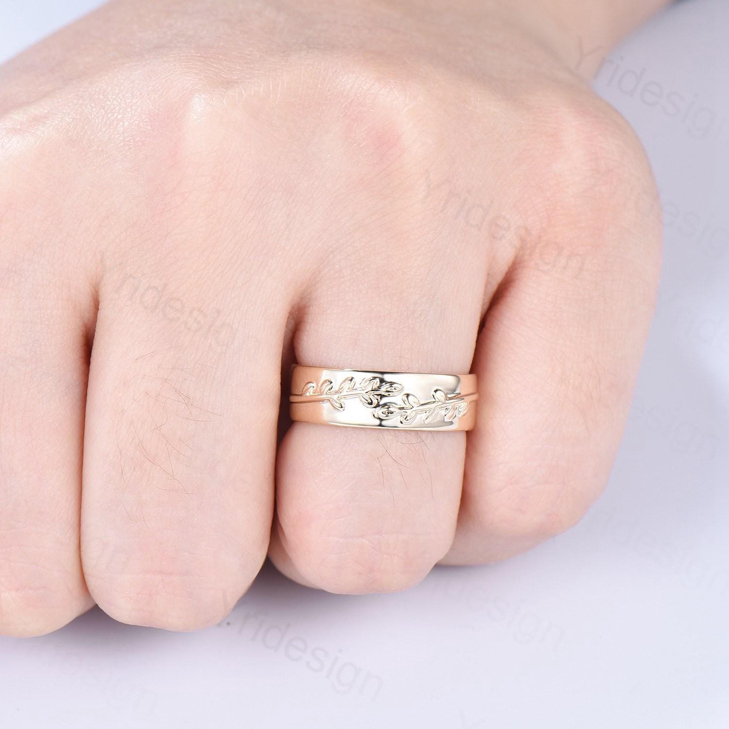 6mm Unique Leaf Wedding Band for Men - 14K Yellow Gold Art Deco Leaf Branch Vines Design Ring - Perfect for Engagement, Anniversary & Special Occasions